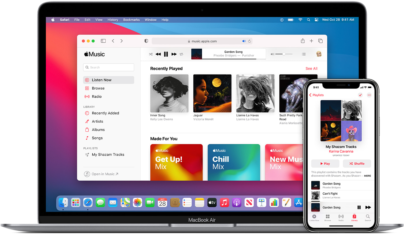 Marketing image showing Apple Music running on iPhone and MacBook Pro