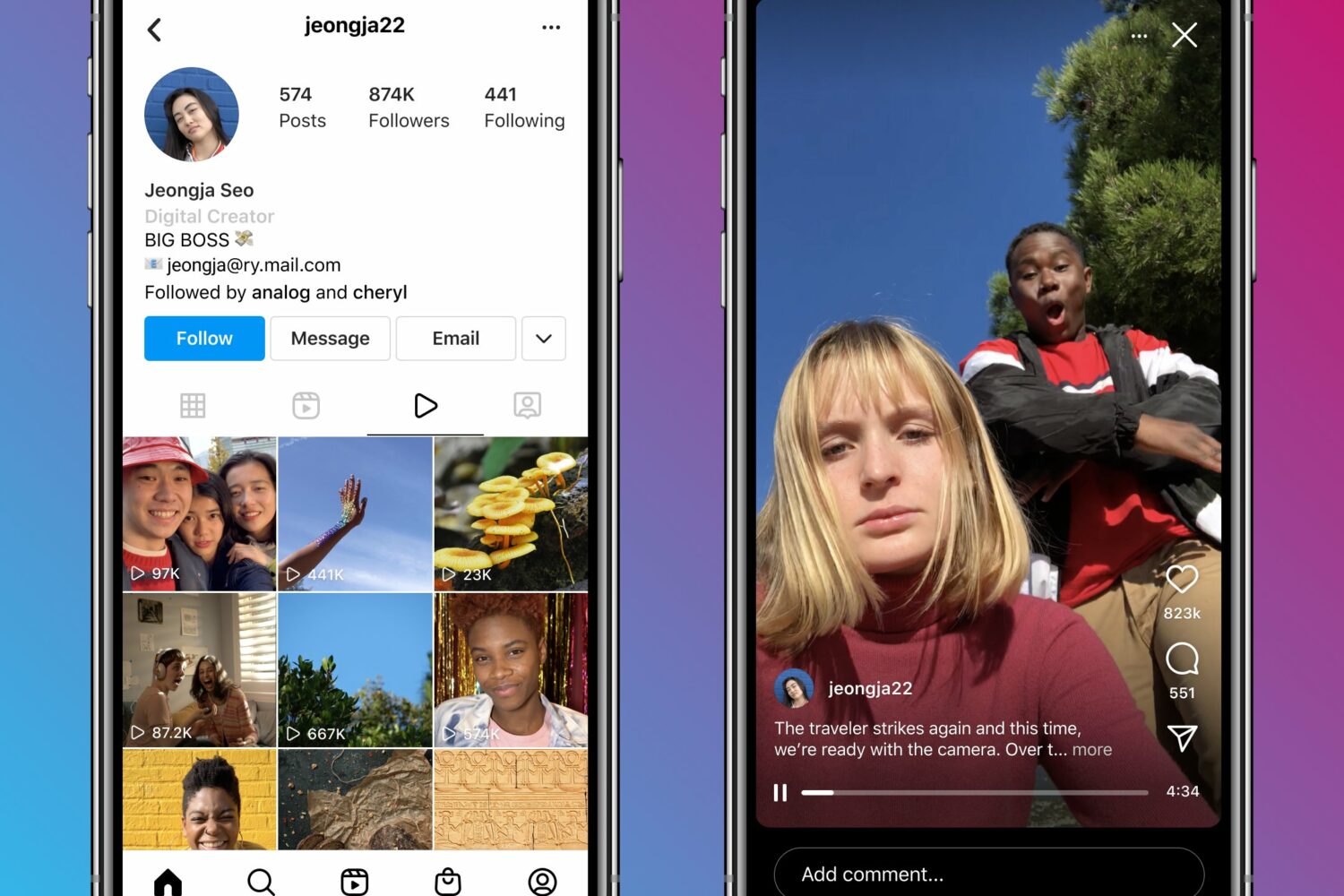 Two iPhone screenshots showing a new Video tab on Instagram profiles and the IGTV interface