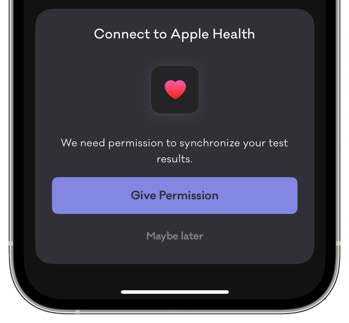 An iPhone screenshot of the Mimi Hearing Test app showing giving permission to access Apple Health to share audiograms more easily