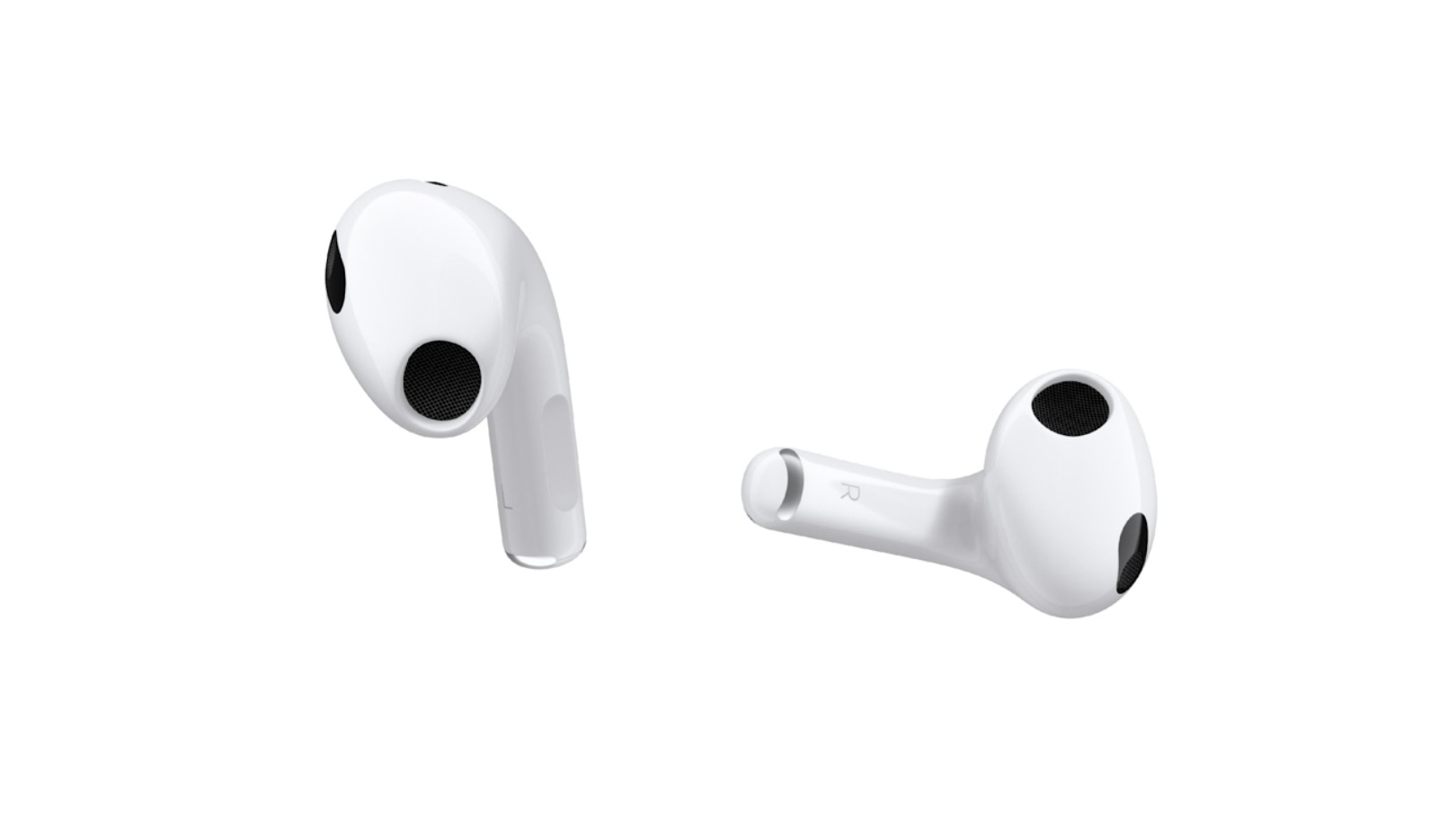 Apple's marketing image showing the left and right AirPod (third generation) set against a white background