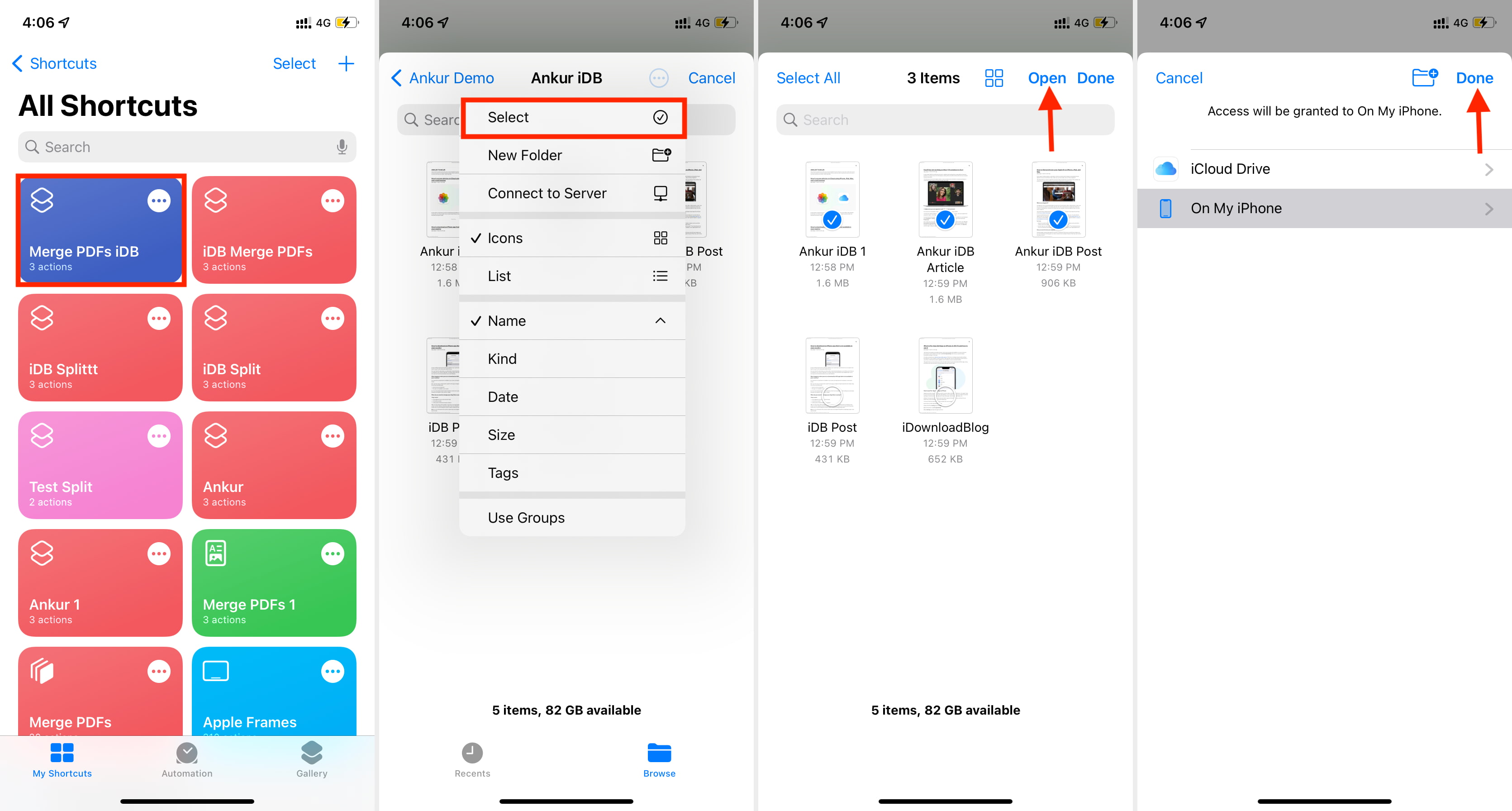 Esecuzione di unisci PDF scorciatoia iOS dall'app o dalla schermata principale