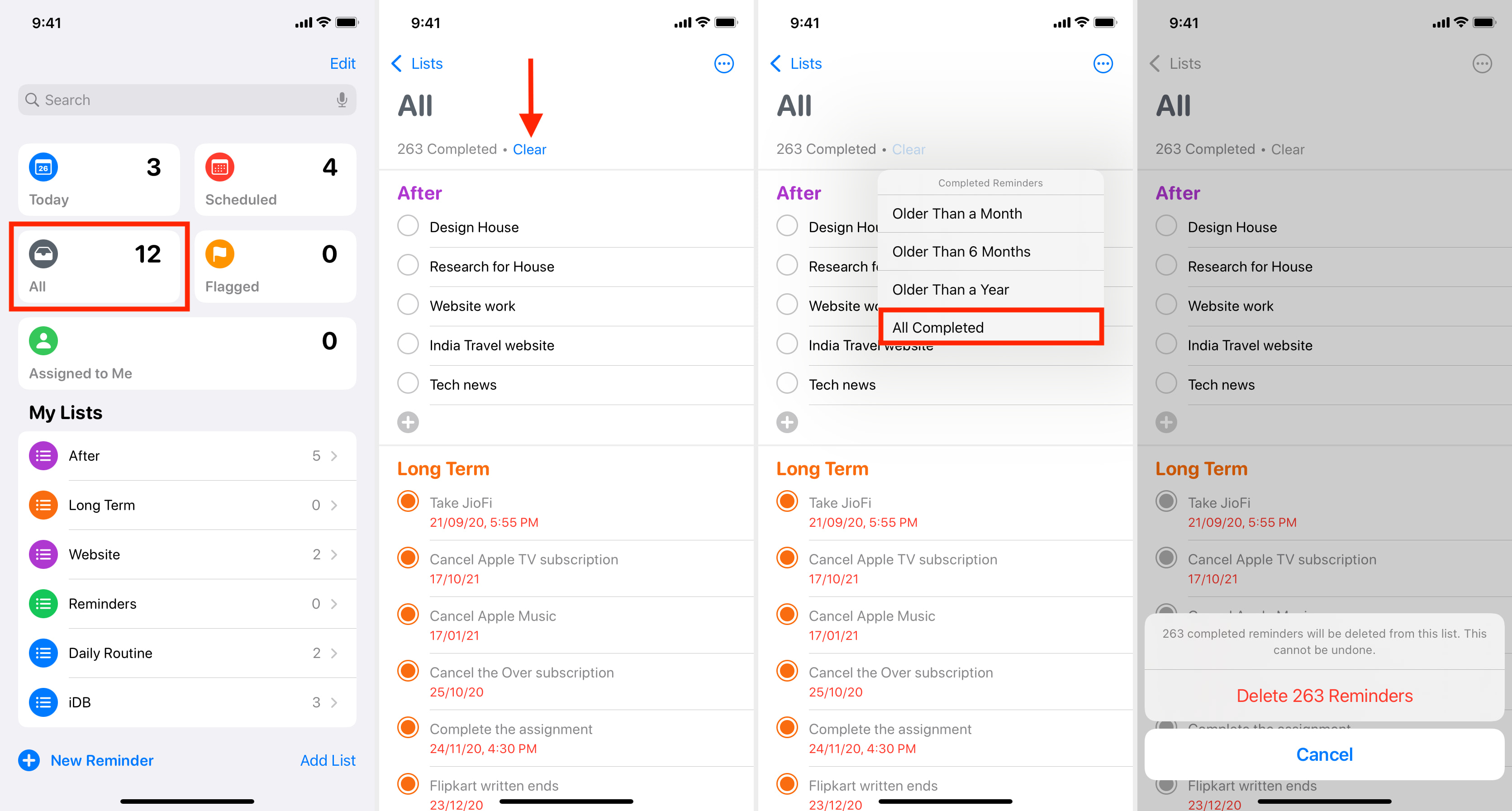 Steps for deleting all completed reminders in iOS 15