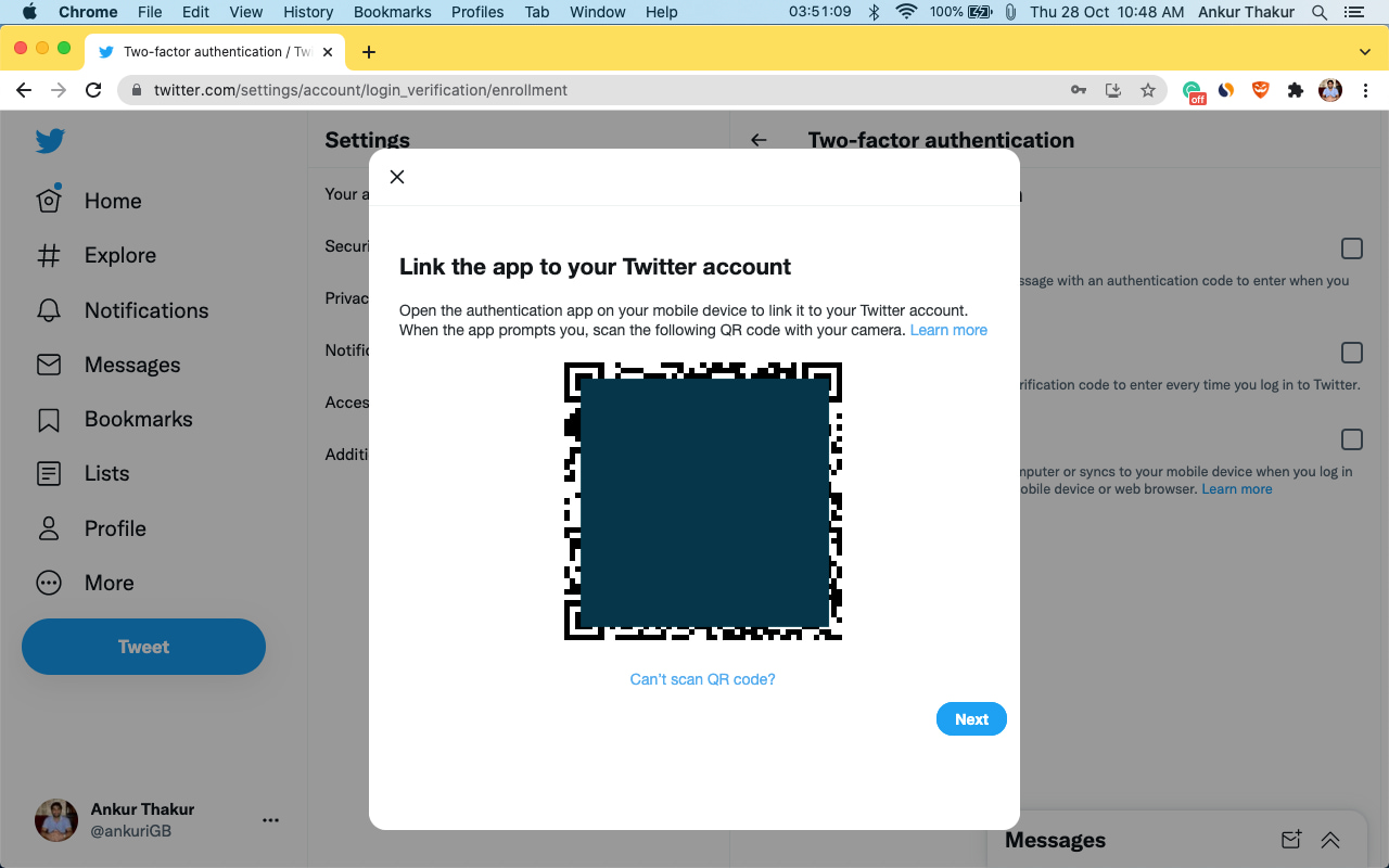 Twitter Two factor authenticator QR code on a computer