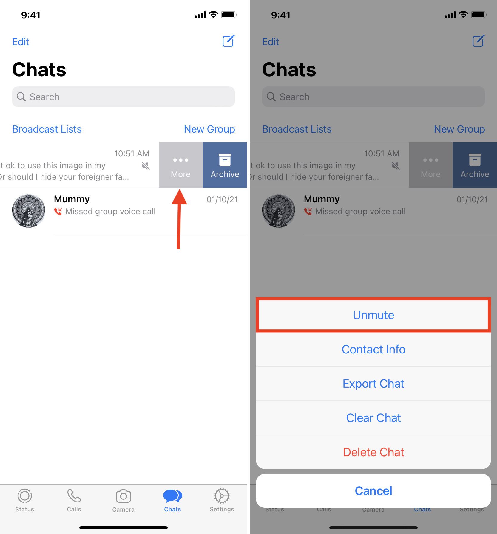 Unmute a mute chat on WhatsApp