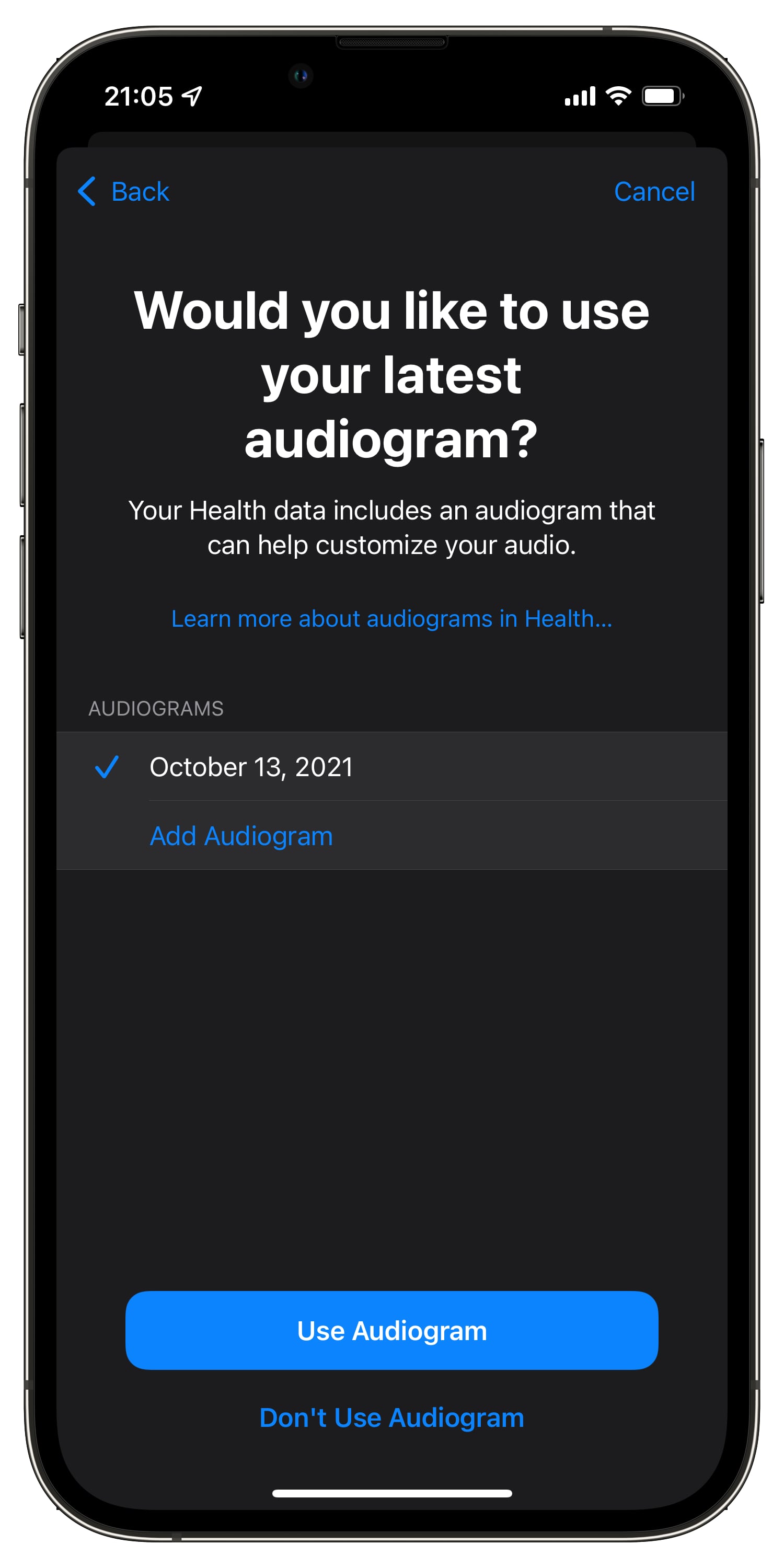 An iPhone screenshot on iOS 15 showing choosing a listed audiogram to add to iPhone