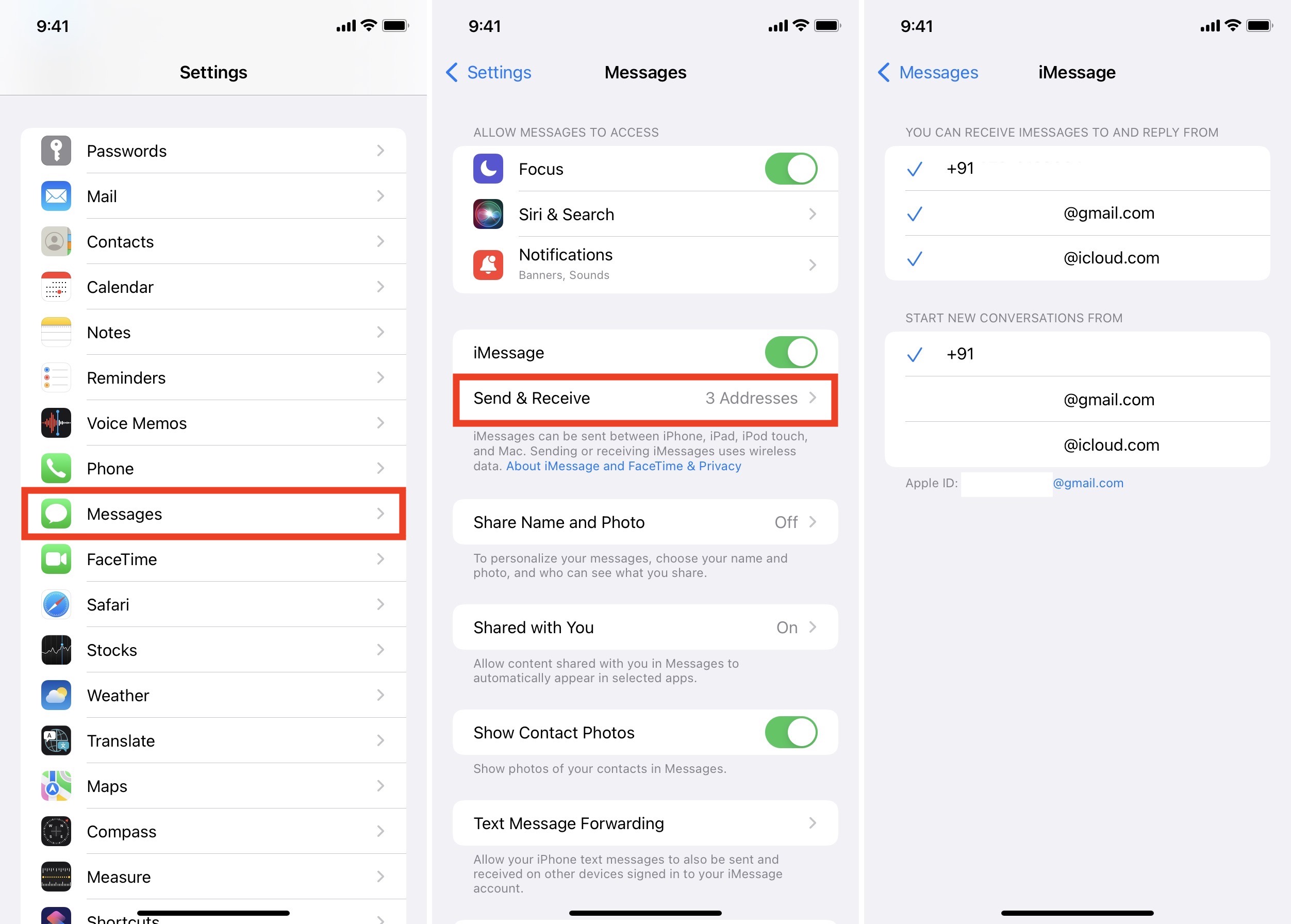 iPhone Messages Settings showing send and receive emails and phone