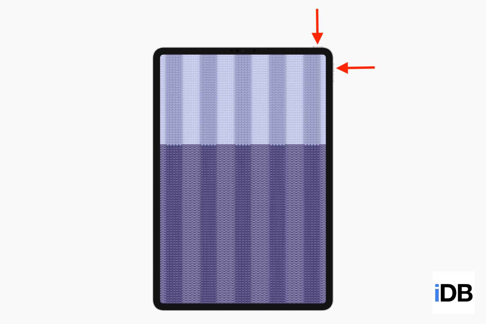 A mockup of iPad Pro with Face ID showing arrows pointing the buttons to take a screenshot