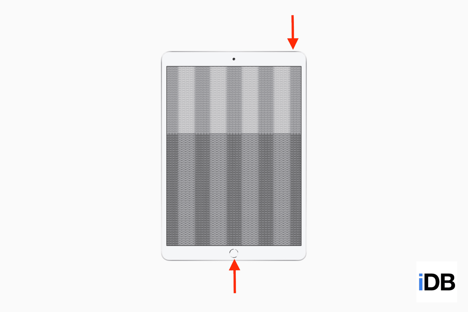 A mockup of iPad with Home button showing arrows pointing the buttons to take a screenshot
