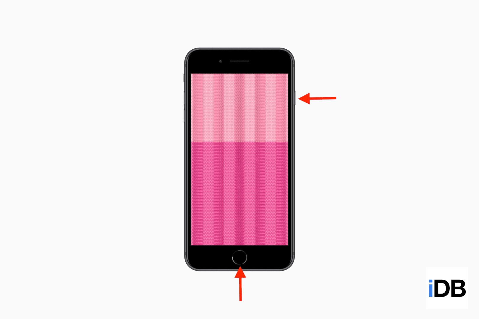 A mockup of iPhone with Home button showing arrows pointing the buttons to take a screenshot