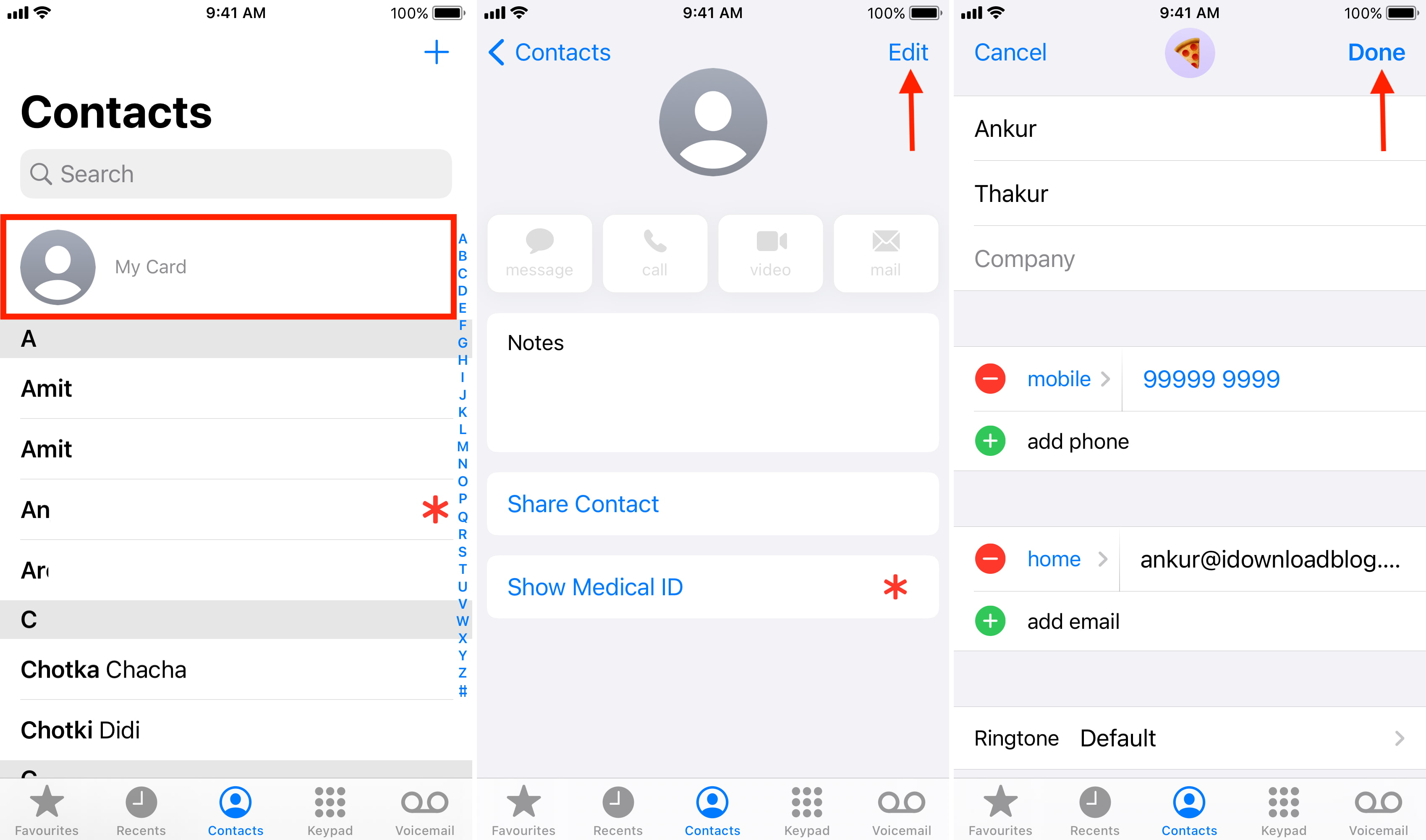 Adding My Card in iPhone Contacts app