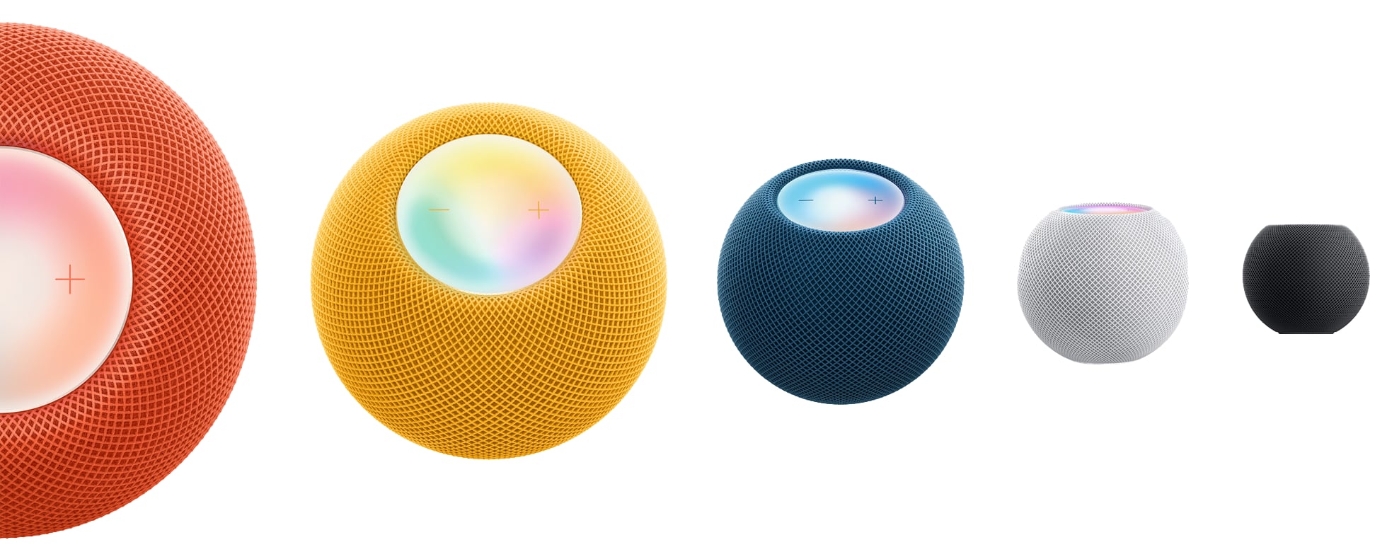 Apple's marketing image showing HomePod mini smart speakers in orange, yellow, blue, silver and black