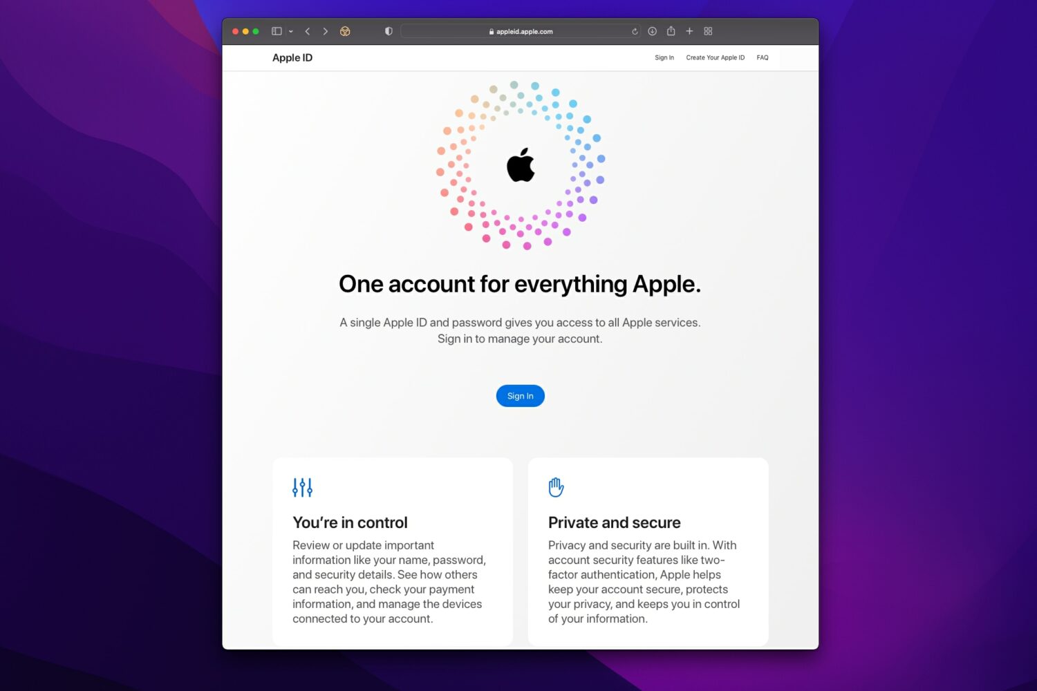 The login page on the Apple ID website