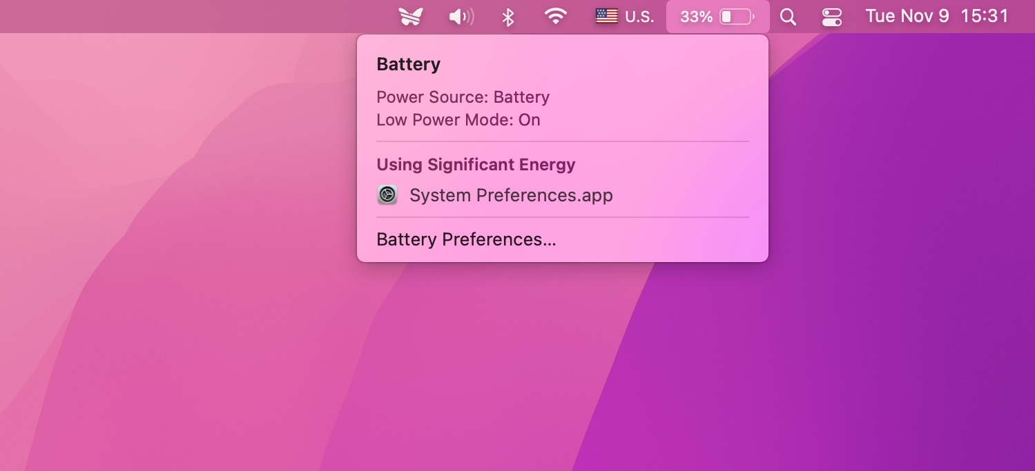 A Mac screenshot showing the Battery menu bar item on macOS Monterey with Low Power Mode turned on
