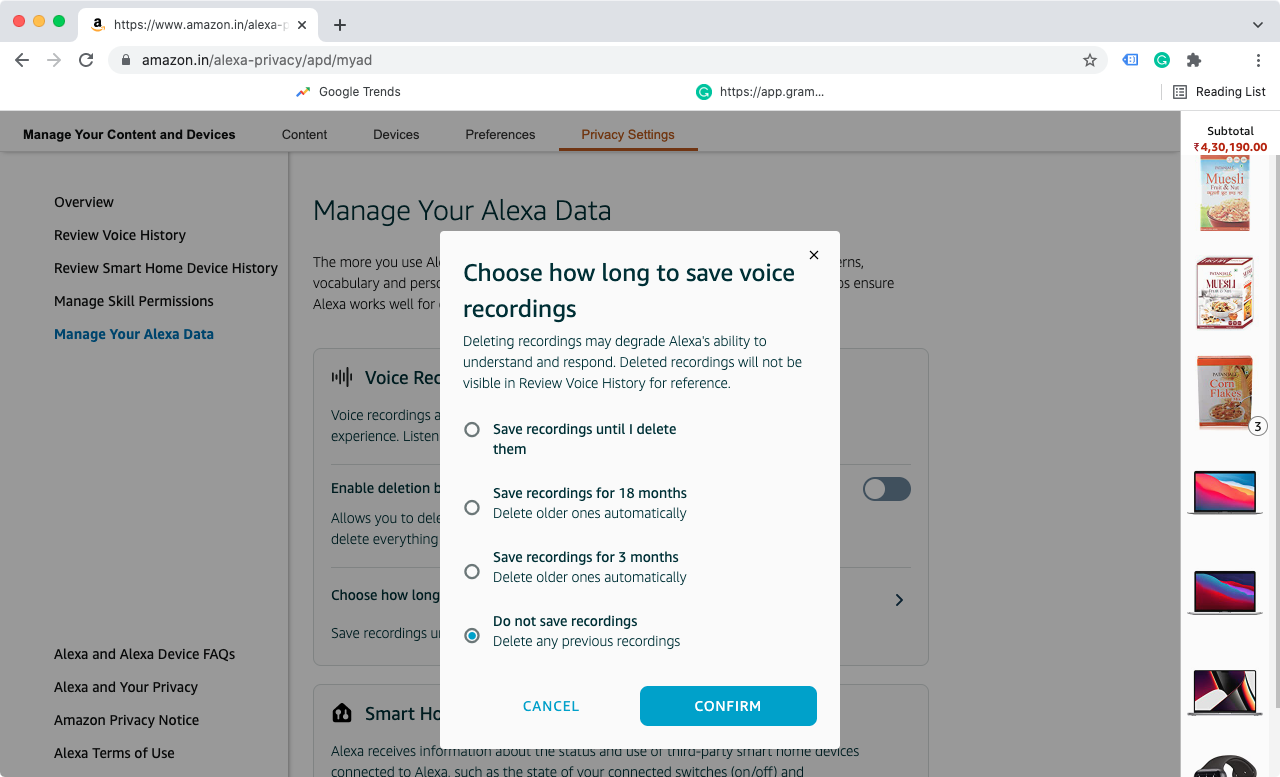Elimina tutte le registrazioni vocali di Alexa salvate utilizzando il browser web