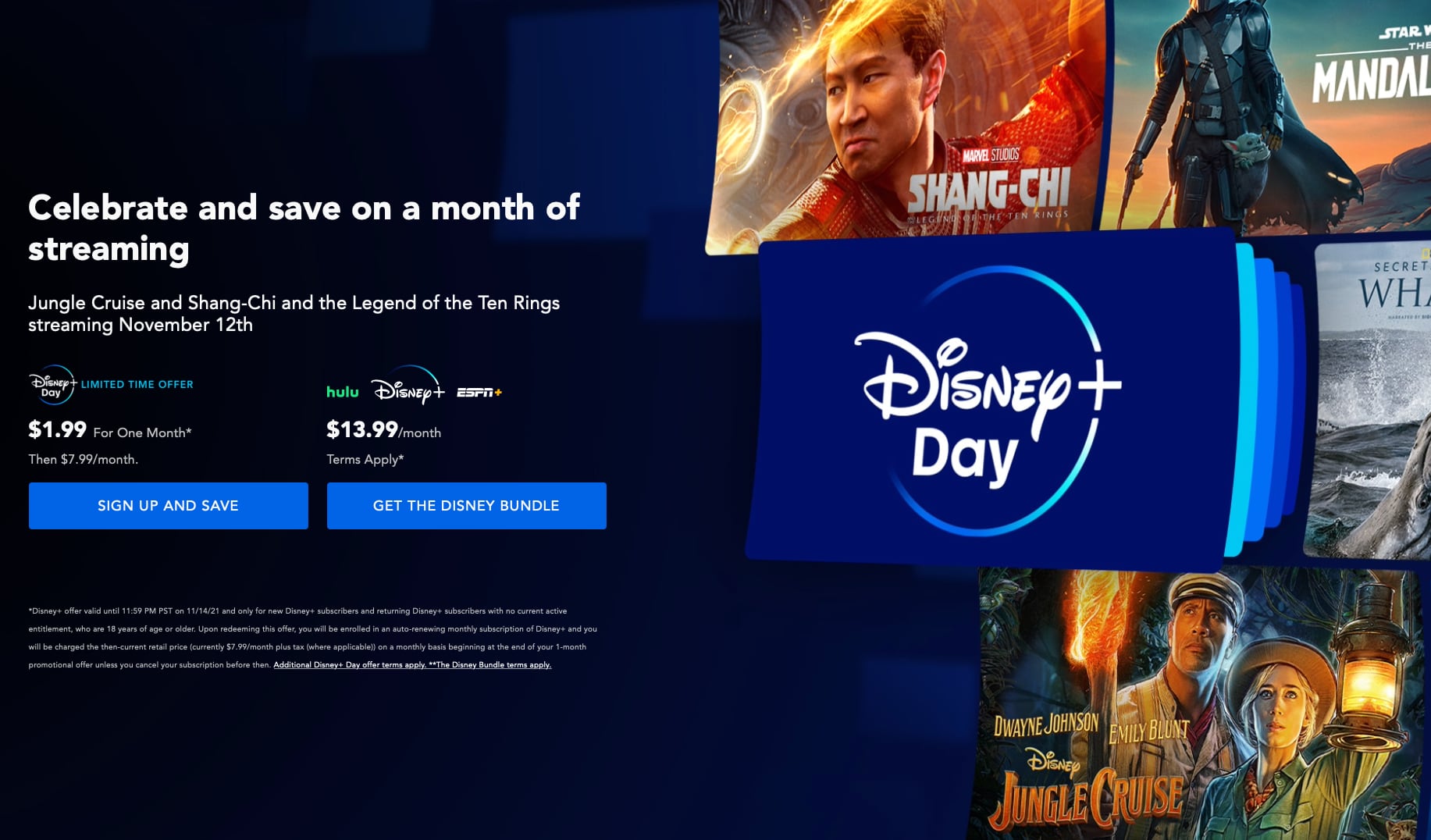 A screenshot of the Disney+ homepage showing a deal giving an eighty percent discount for one month of the service for a limited time