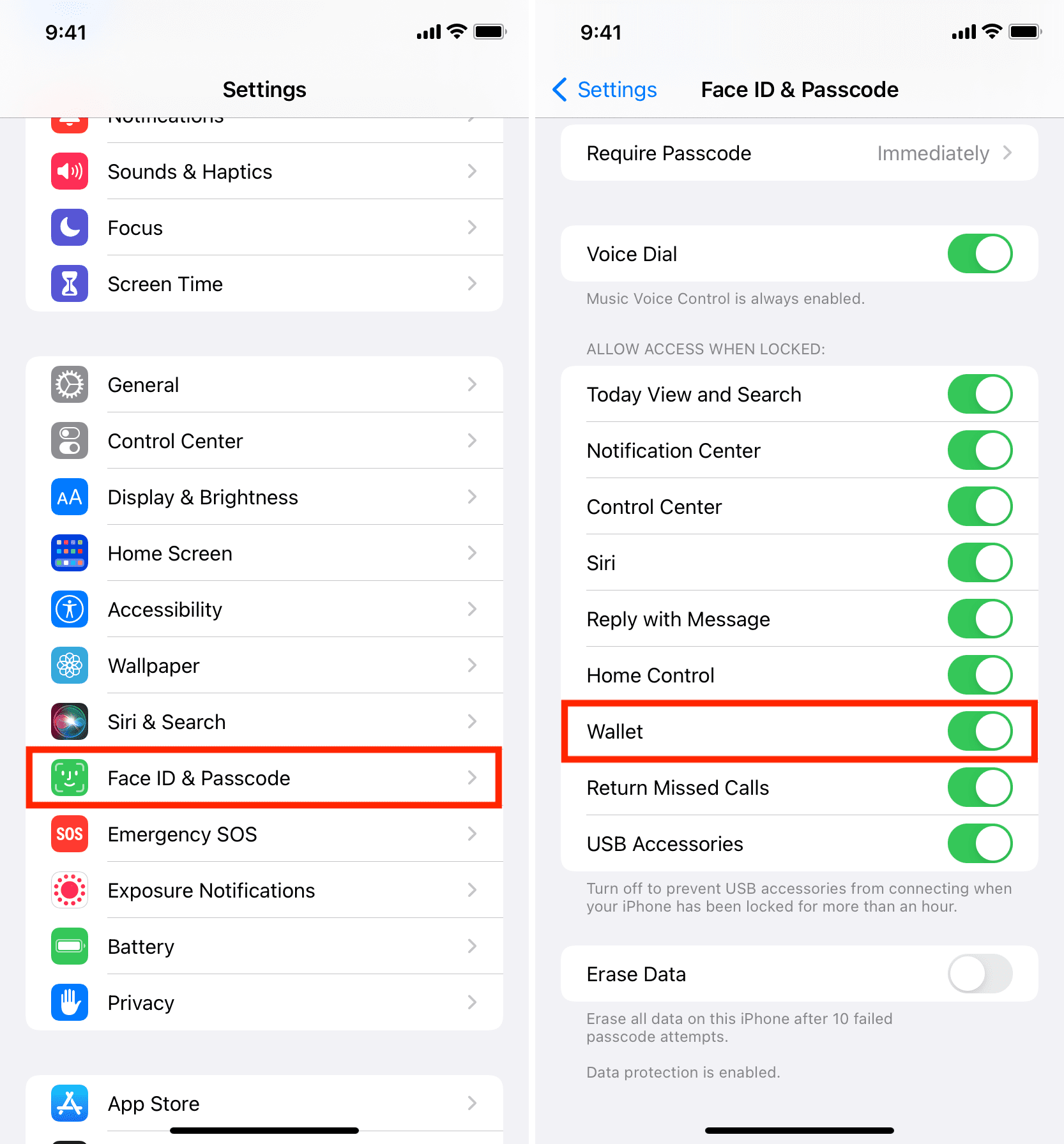 Enable Wallet access on Lock Screen under Face ID and Passcode settings on iPhone