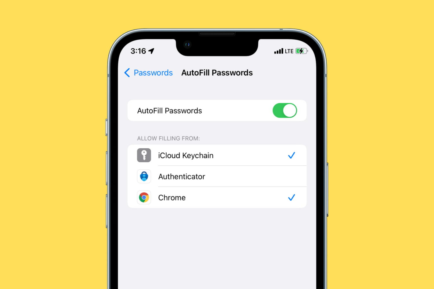 iPhone password autofill screen showing Google Chrome and iCloud Keychain on a yellow background