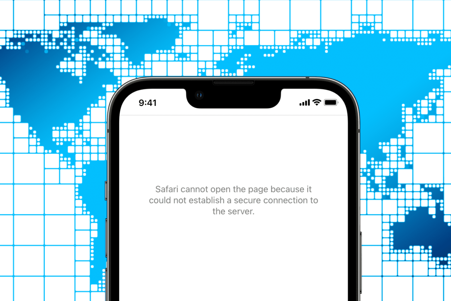Map of world with iPhone on front showing a restricted website that failed to load
