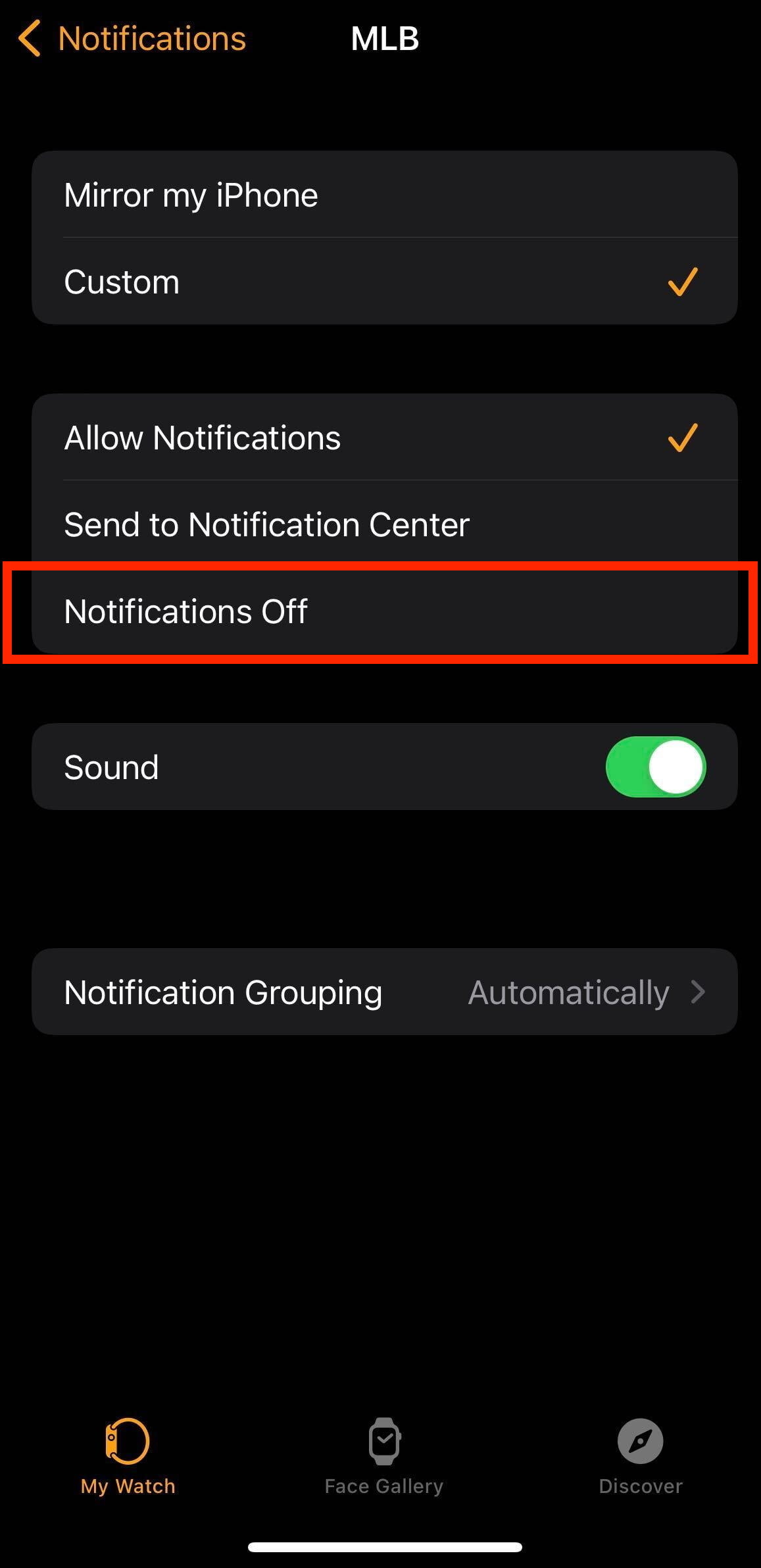Notification settings for watchOS app in iPhone Watch app