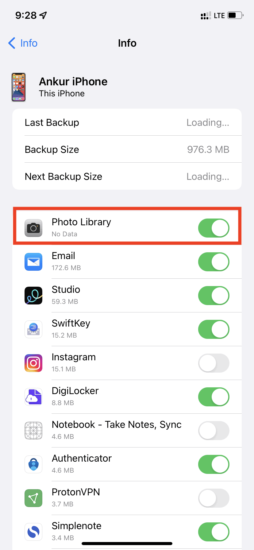 Photo Library enabled in iCloud Backup settings