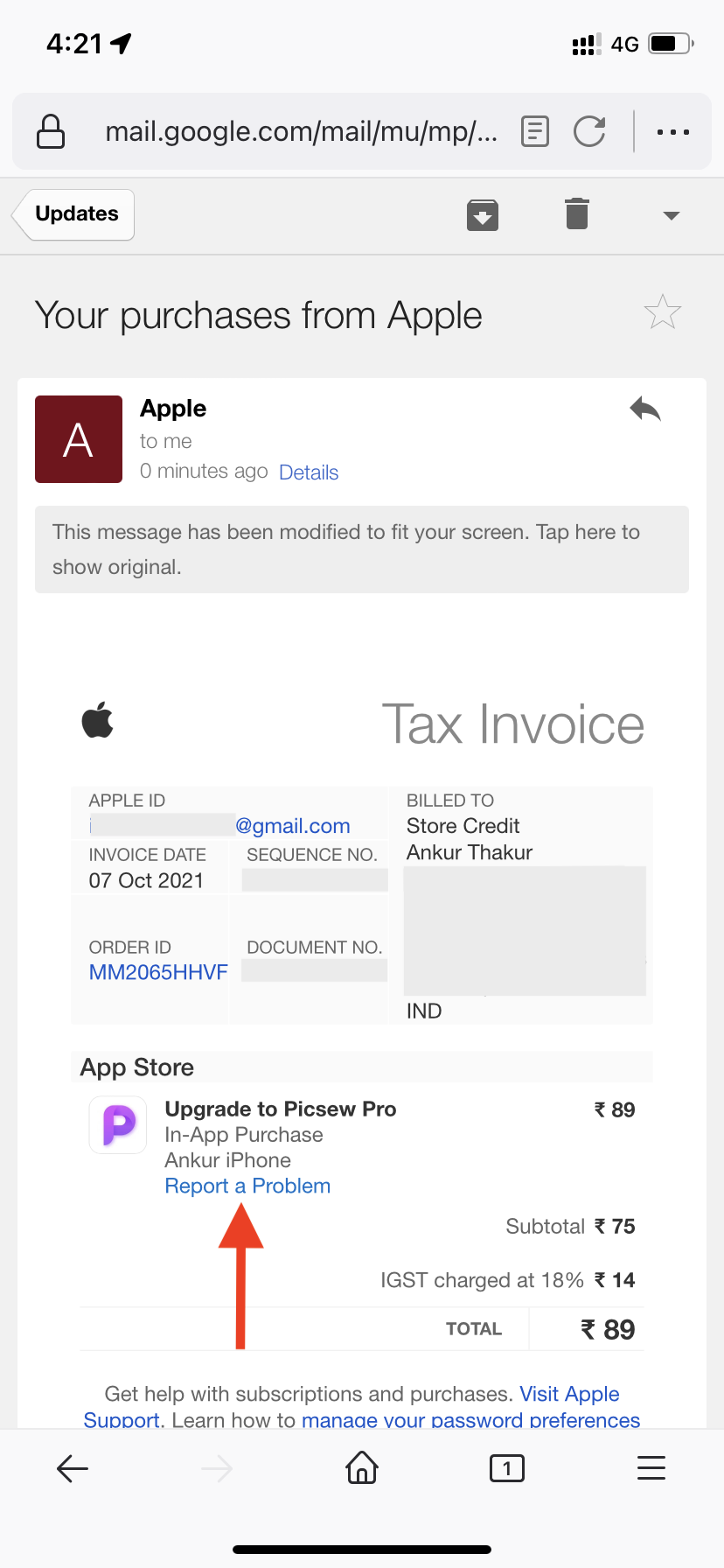 Report a Problem in the email Apple sent for as your bill. or invoice