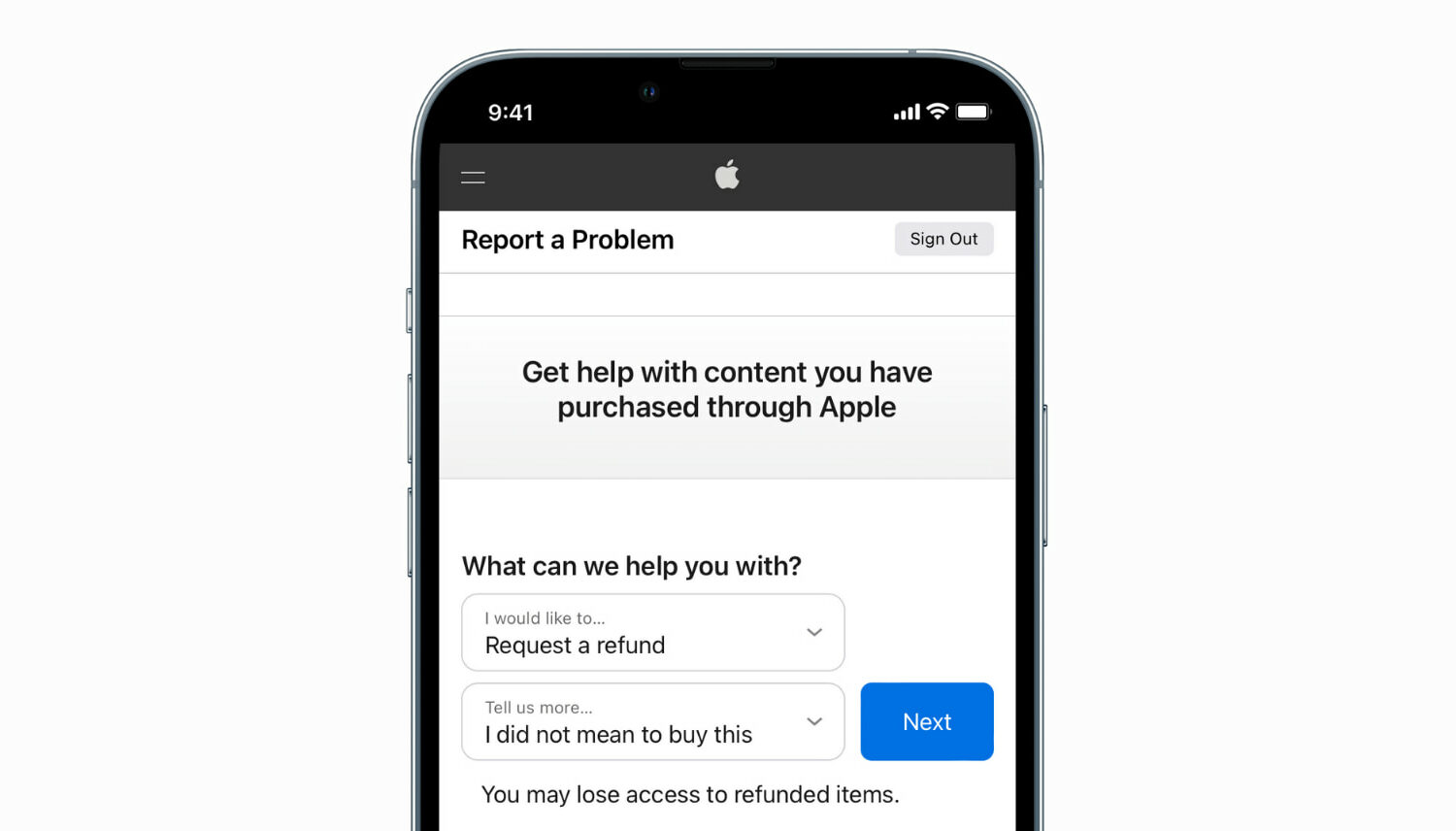 Report a Problem screen on iPhone for requesting refund from Apple