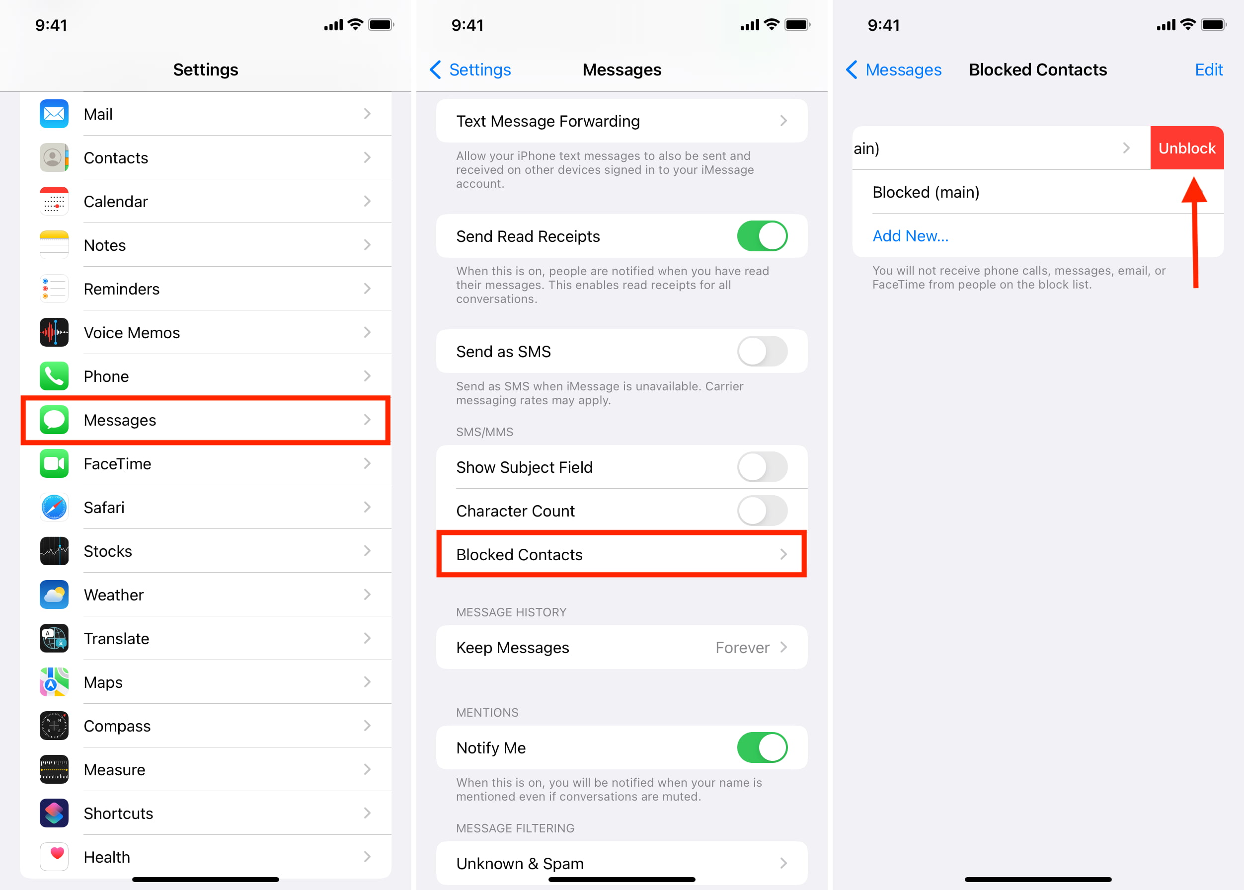 See and unblock contacts on iPhone