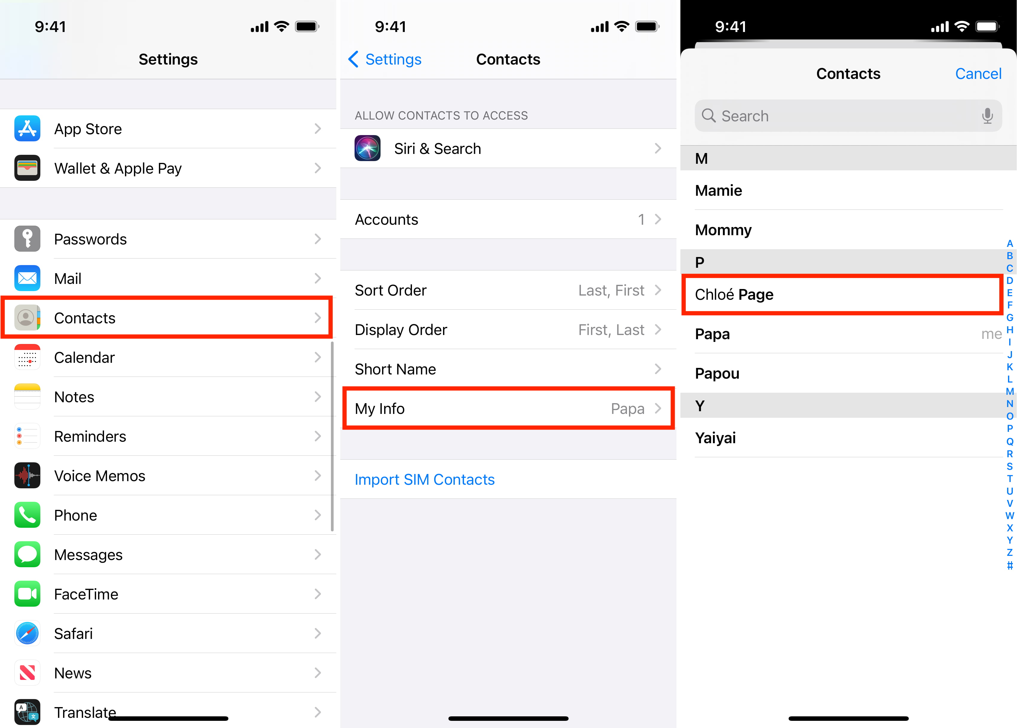 Setting correct My Info in iPhone Contact Settings