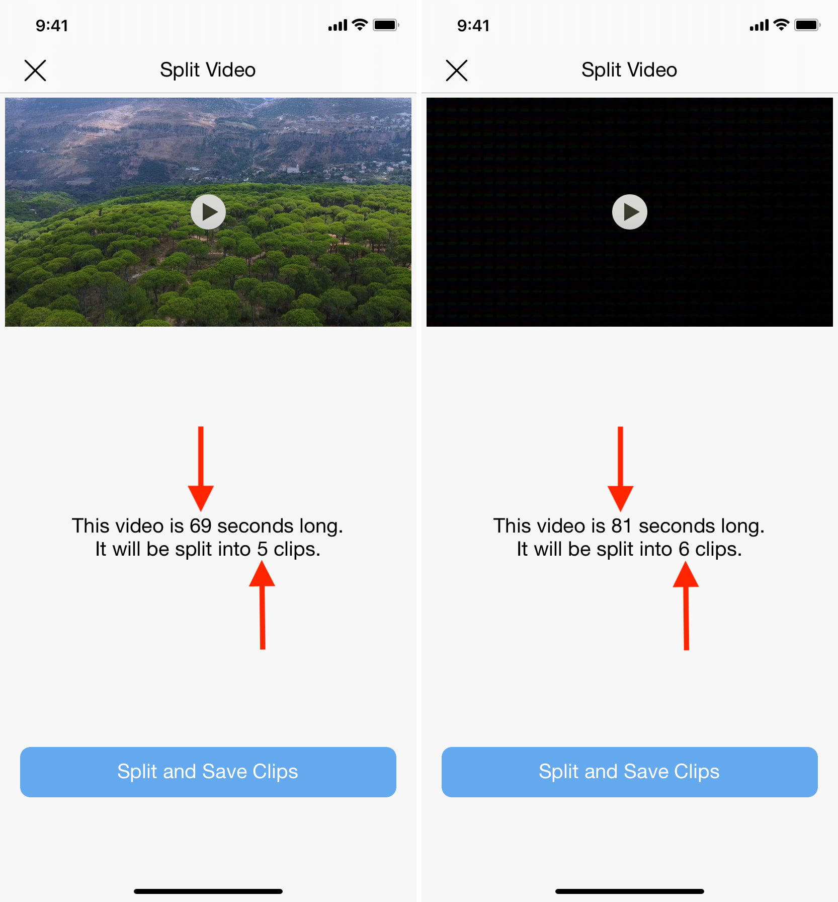 Split Video app correctly dividing the video into multiple smaller parts