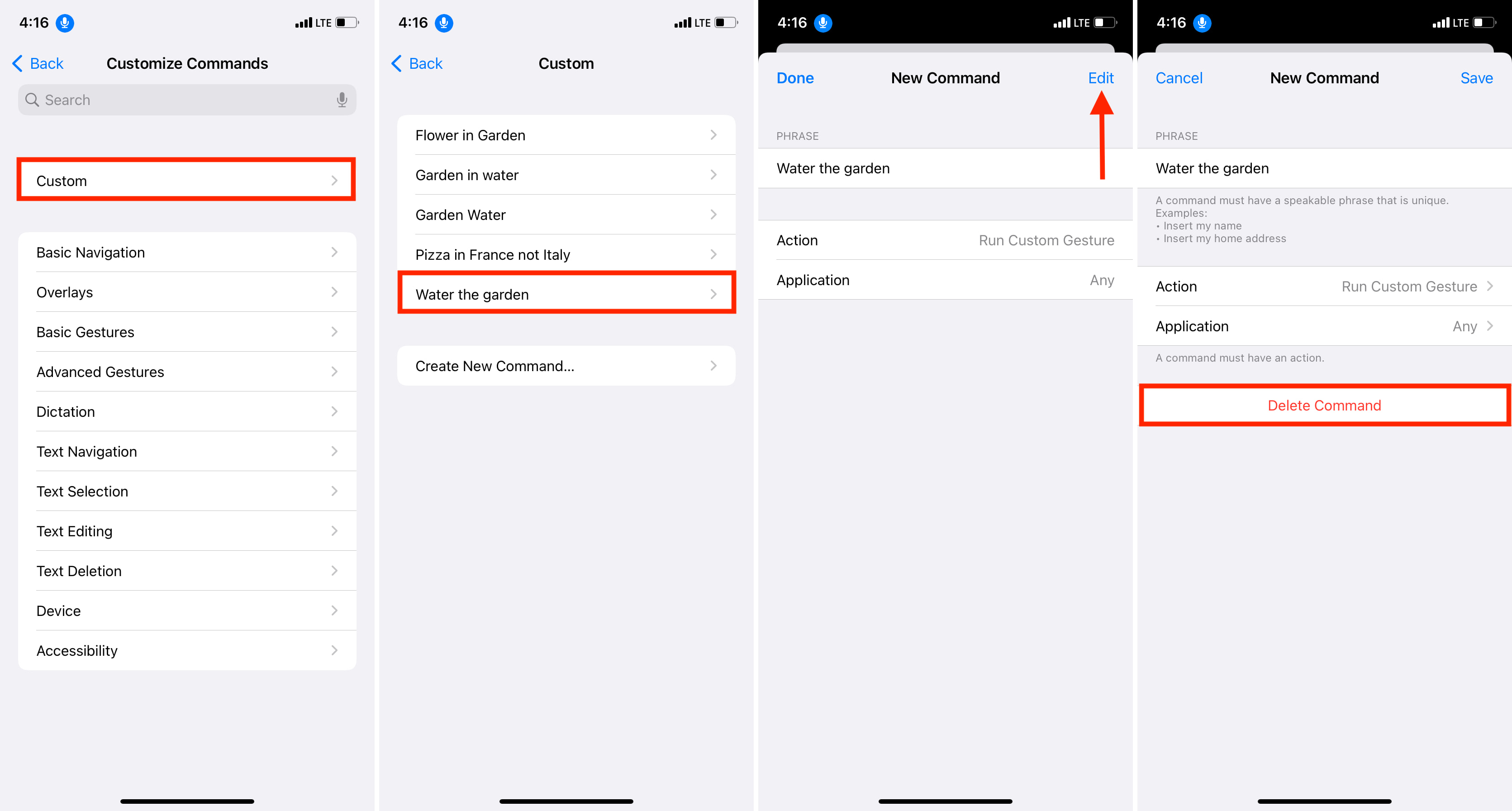 Steps to delete custom voice control command on iPhone