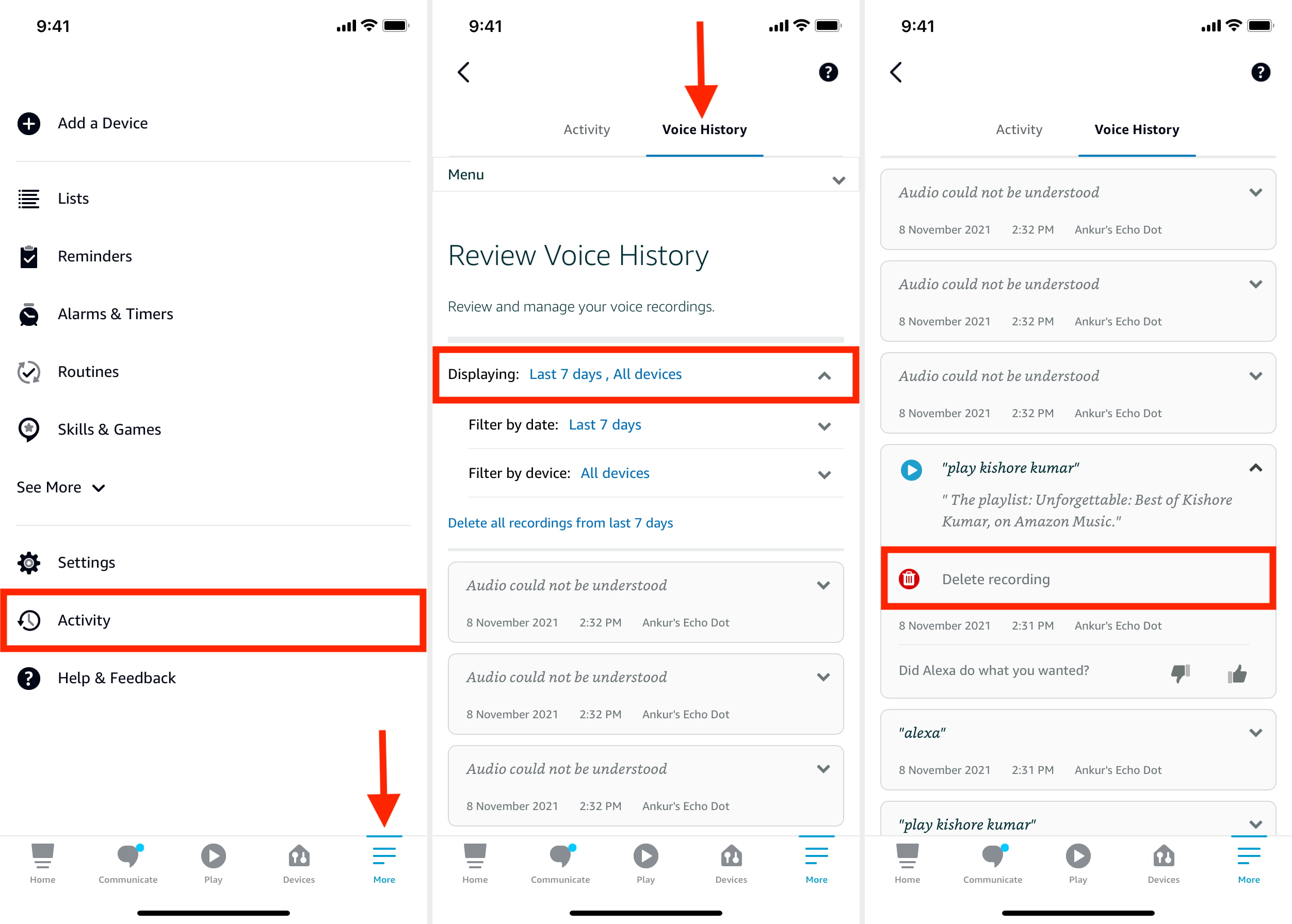 Steps to delete saved Alexa voice recording on iPhone