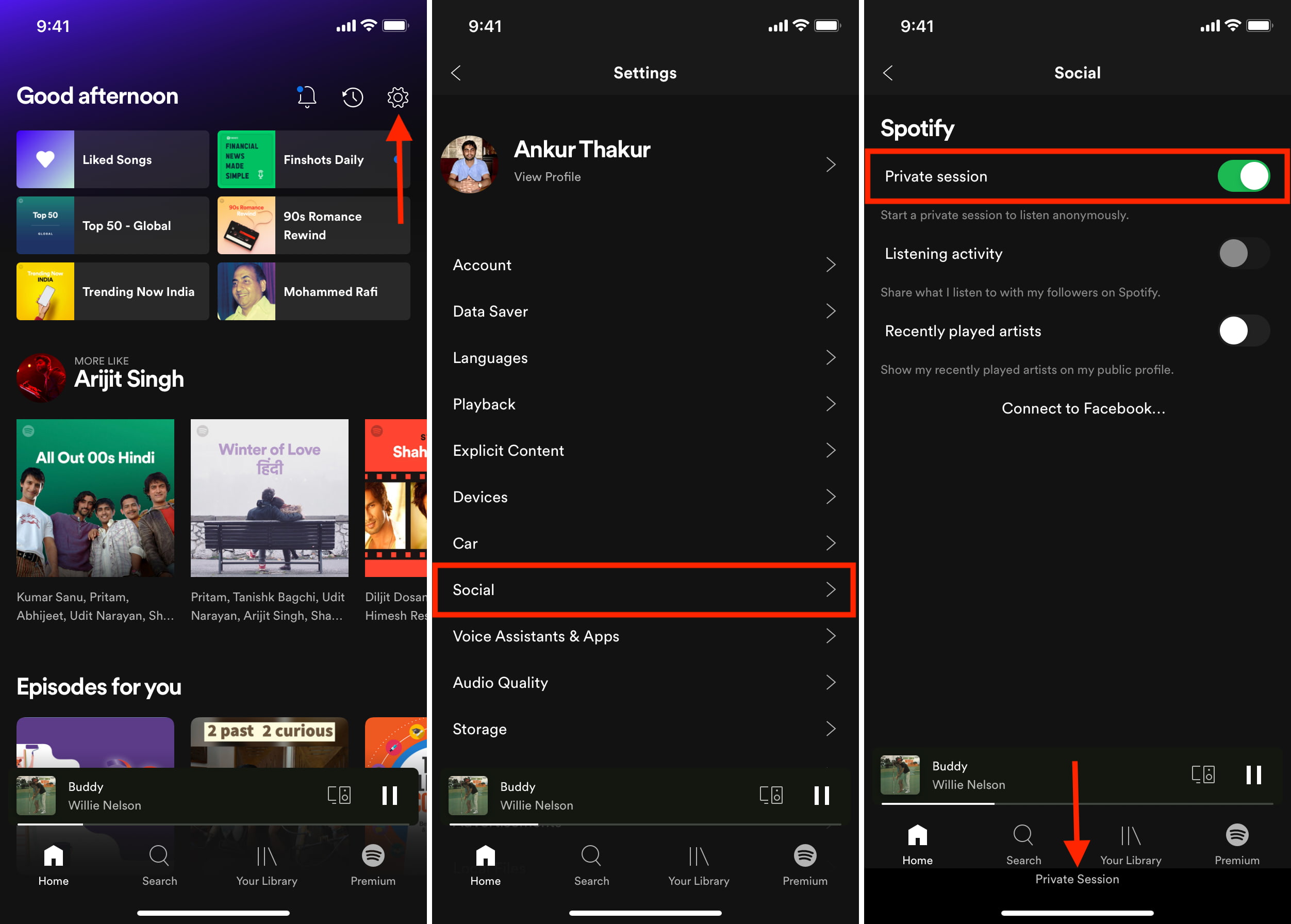 Steps to enable Private Session in Spotify on mobile
