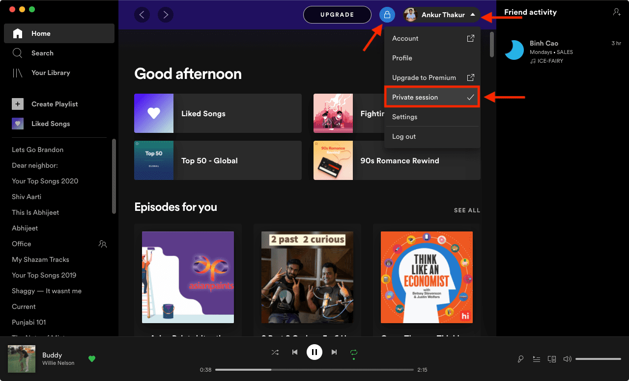 Steps to start Private Session in Spotify on computer
