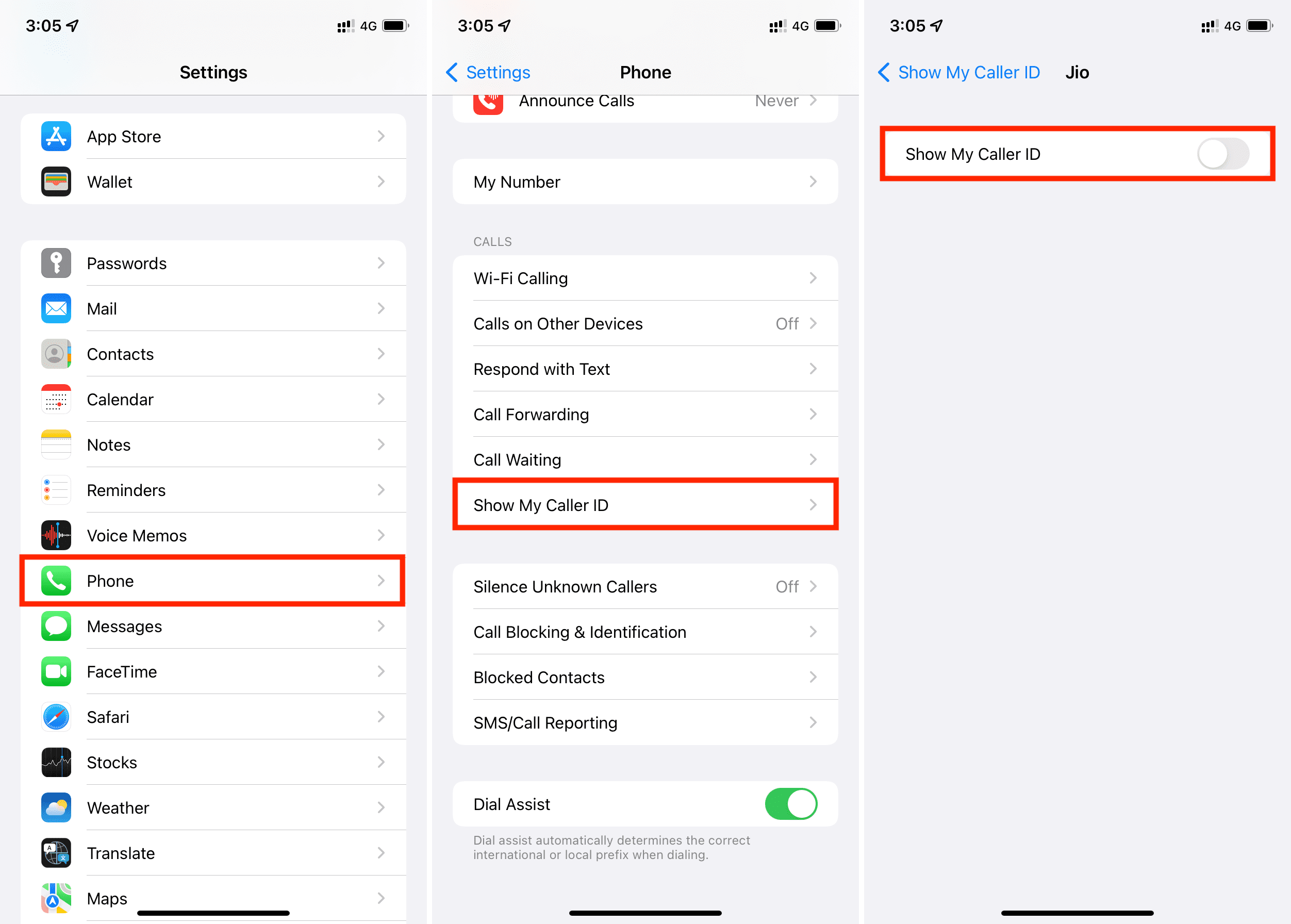 Steps to turn off "Show My Caller ID" from iPhone Settings to hide caller ID