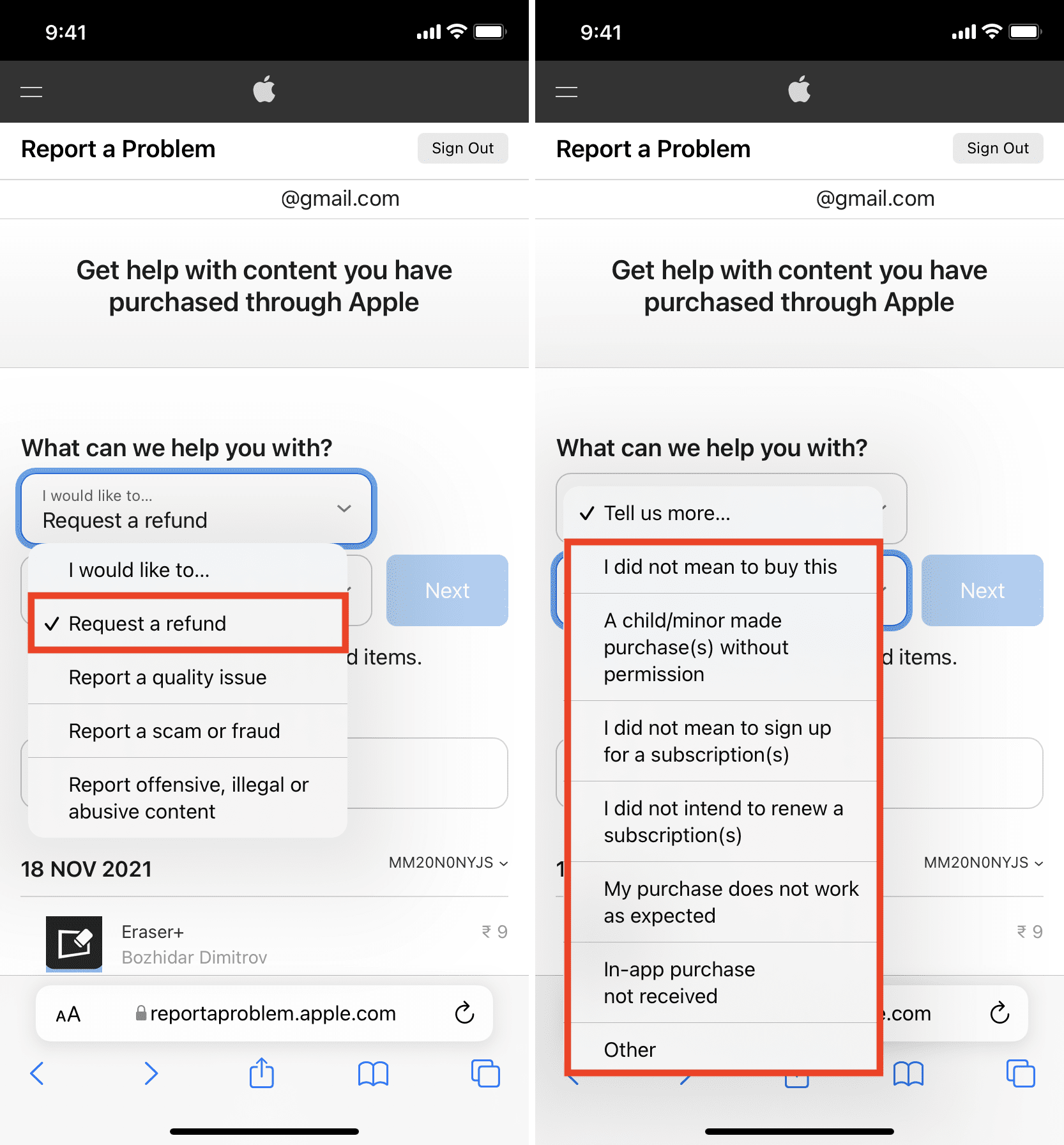 Tap Request a refund and choose a reason