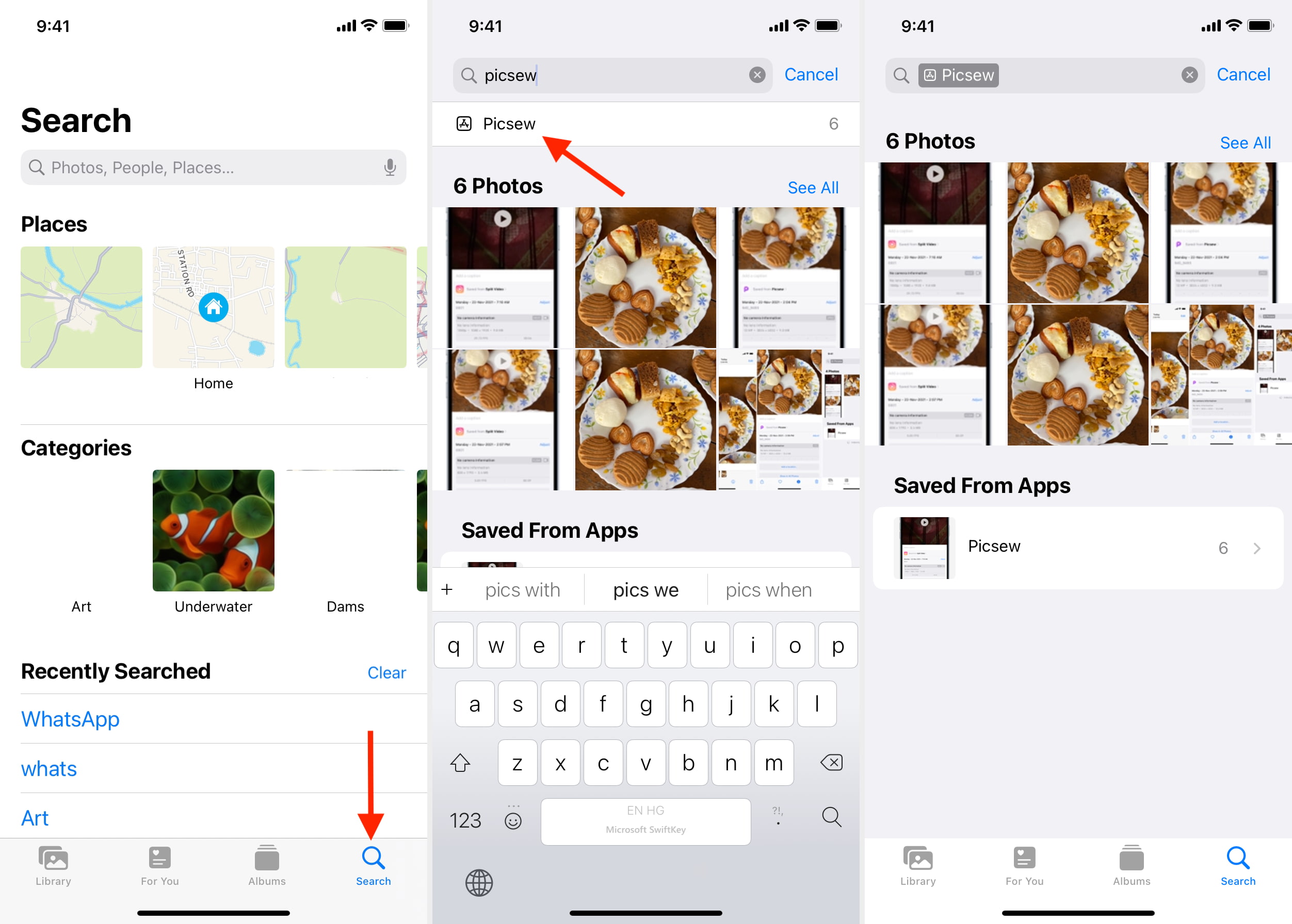 Tap Search in iPhone Photos app and type app name to see all its pictures