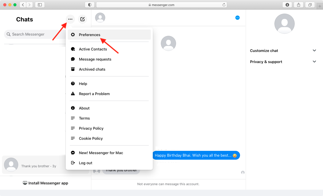 Three dots icon and then Preferences in Messenger on web