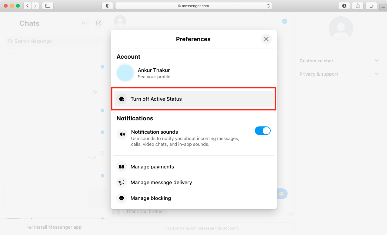 Turn Off Active Status in Messenger on web