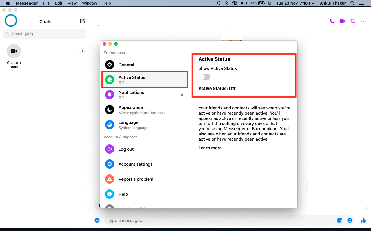 Turn off Active Status on Messages desktop app