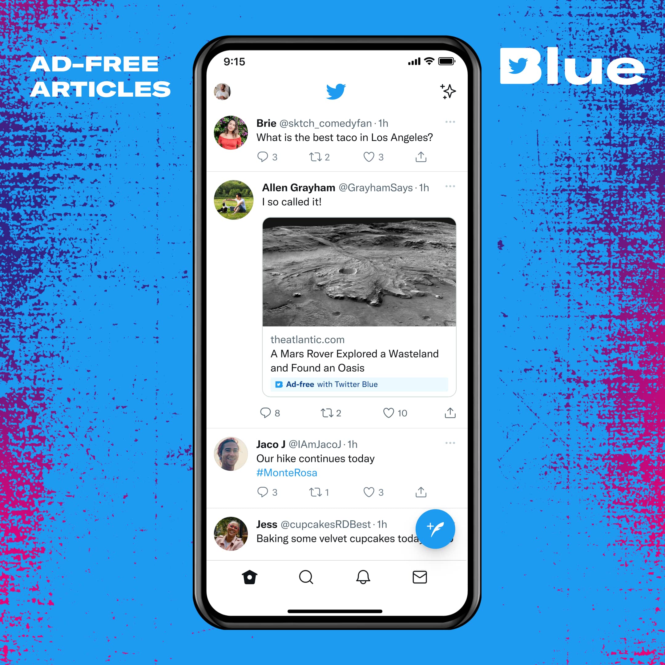 Promotional graphic for ad-free reading of articles at participating websites available with the Twitter Blue subscription on iPhone