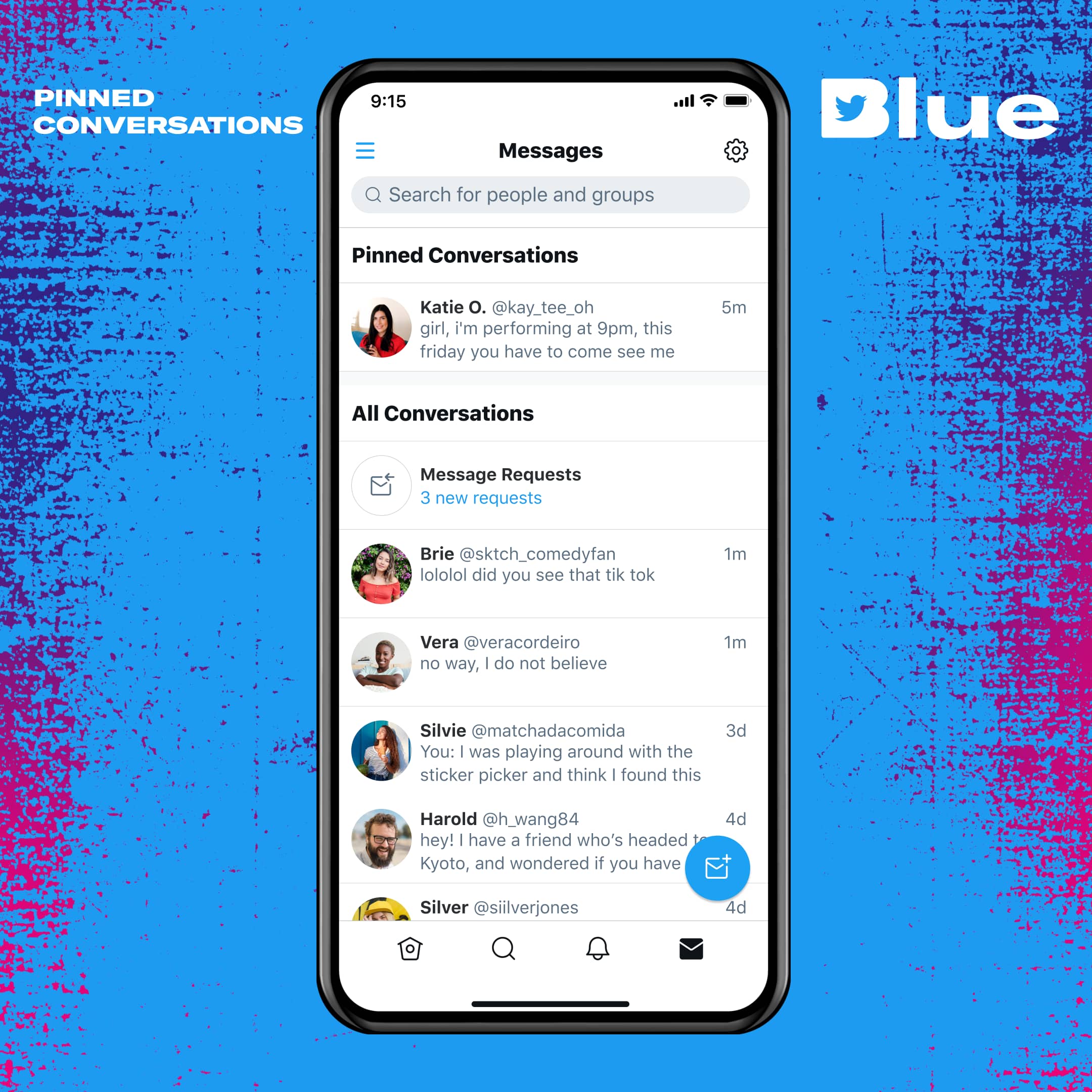 Promotional graphic for the Pinned Conversations feature available with the Twitter Blue subscription on iPhone