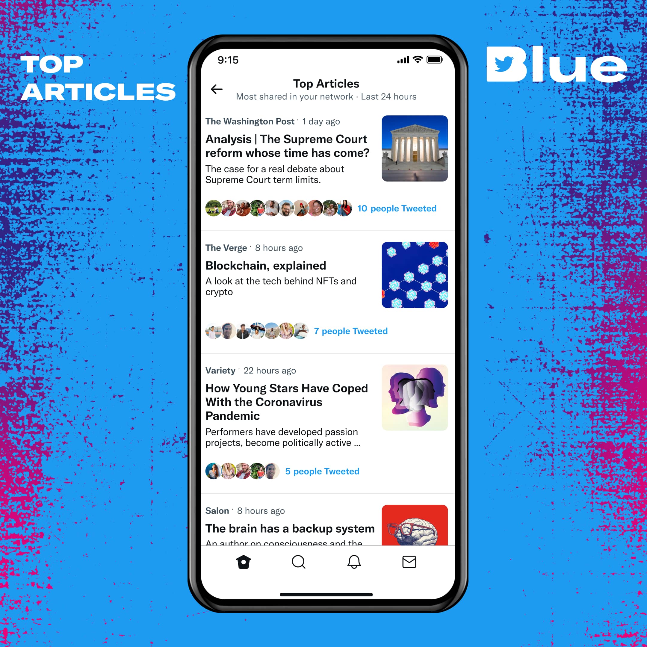 Promotional graphic for the Top Articles feature available with the Twitter Blue subscription on iPhone
