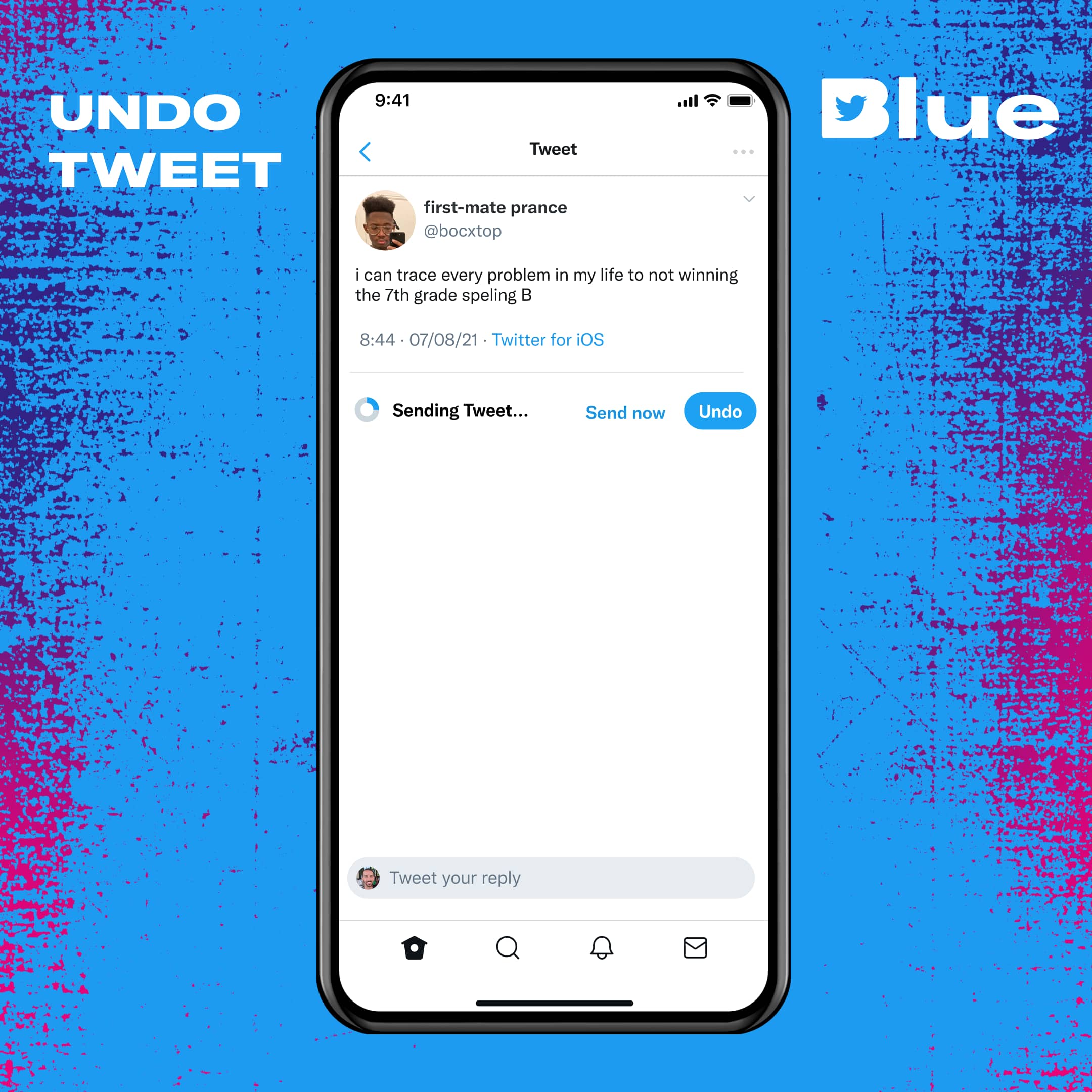 Promotional graphic for the Undo Tweet feature available with the Twitter Blue subscription on iPhone