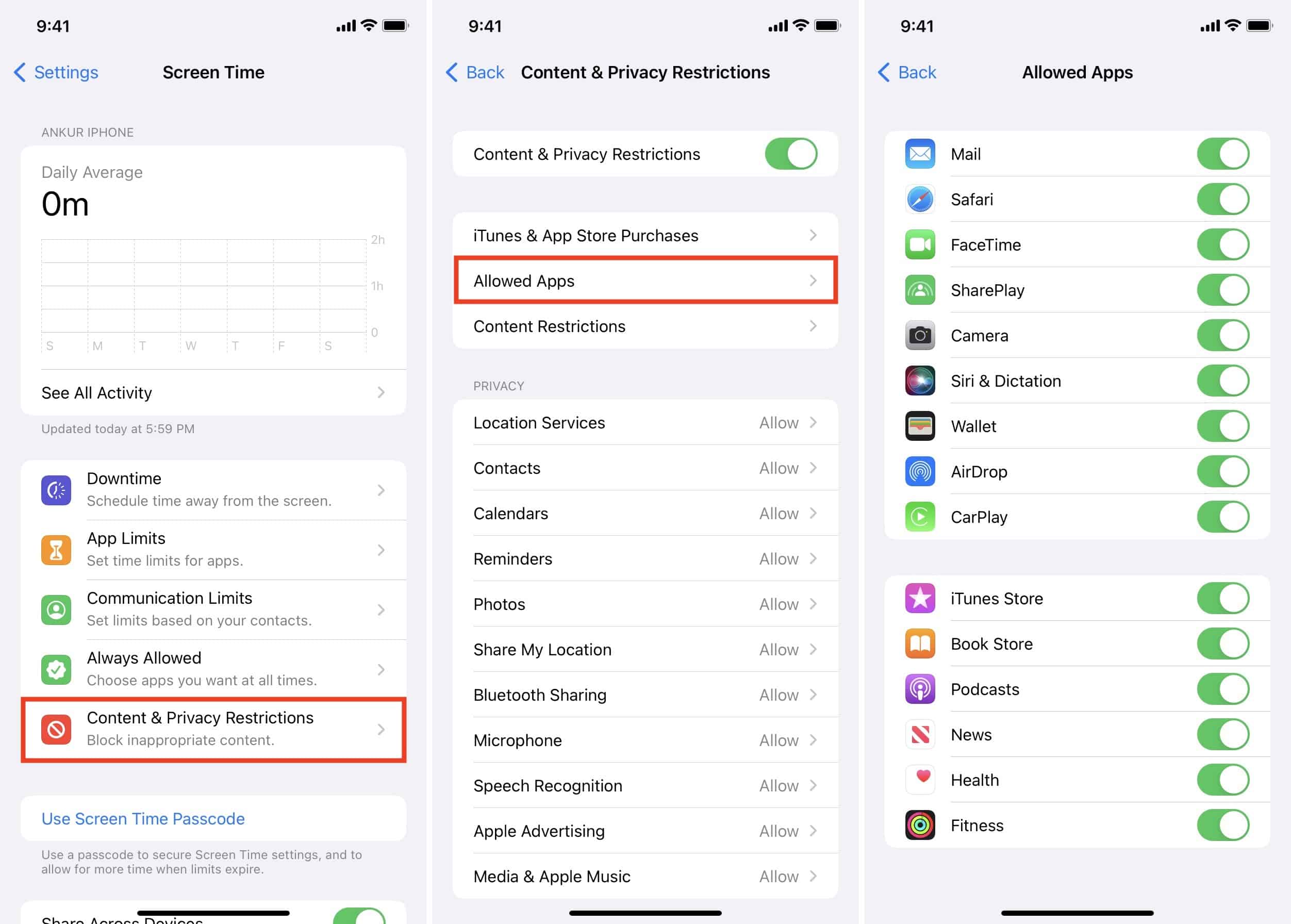 Allowed apps in iPhone Screen Time settings