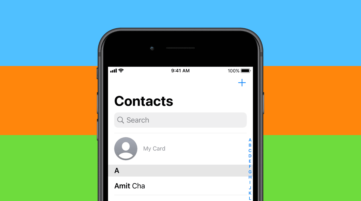 iPhone Contacts app showing empty My Card section on blue orange green backgrounds