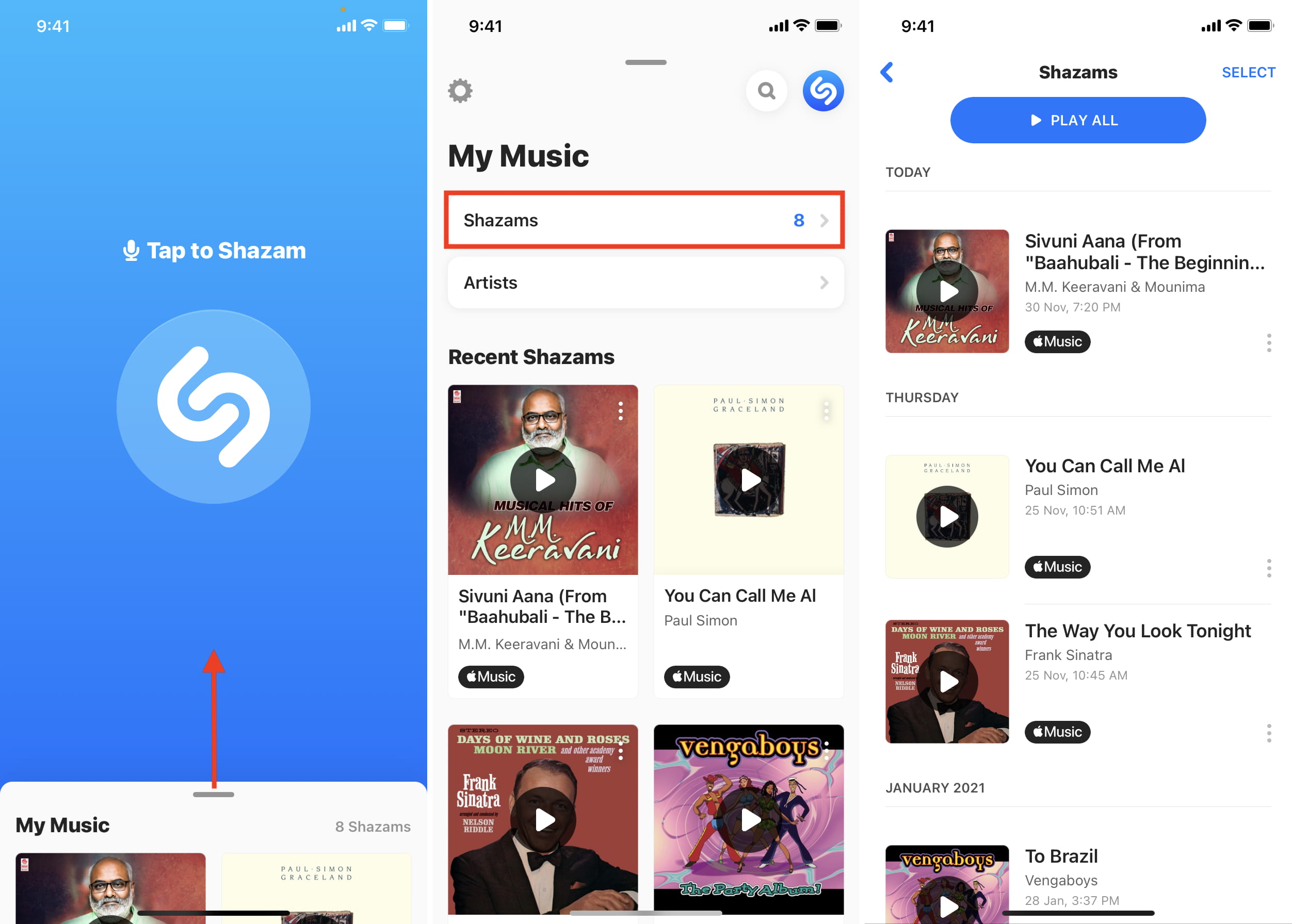 Shazam song history in its official app