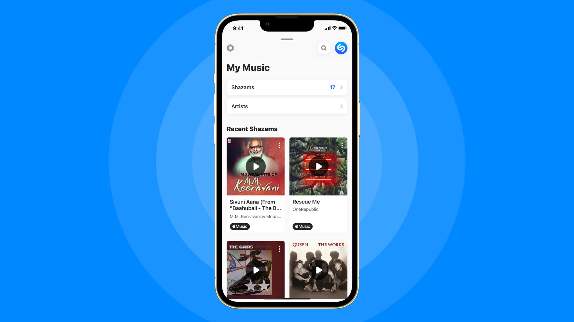 Featured image showing Shazam song history on iPhone, set against blue background