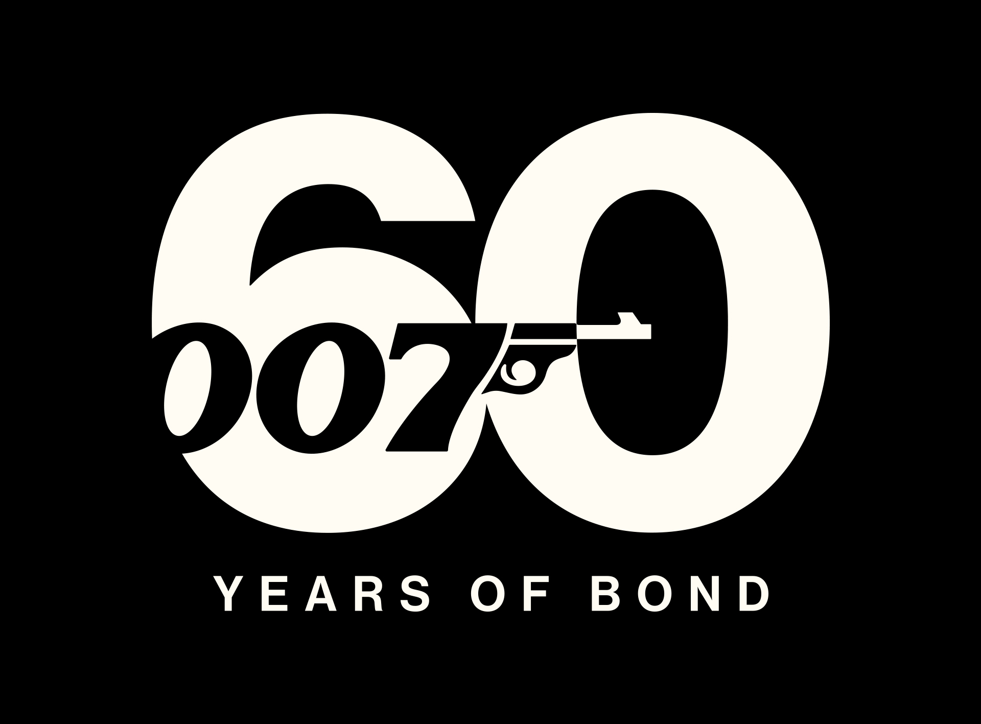 Marketing image showing the line “60 years pf bond” and "007" set against a black background