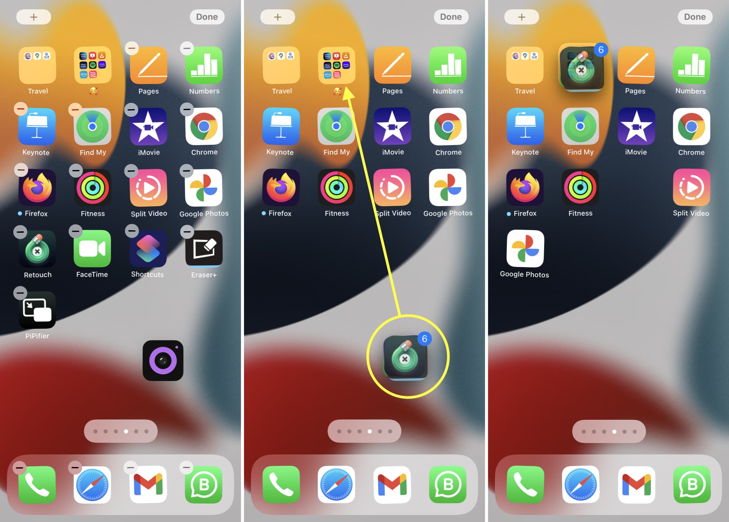 Steps showing how to add several apps together to a folder on iPhone