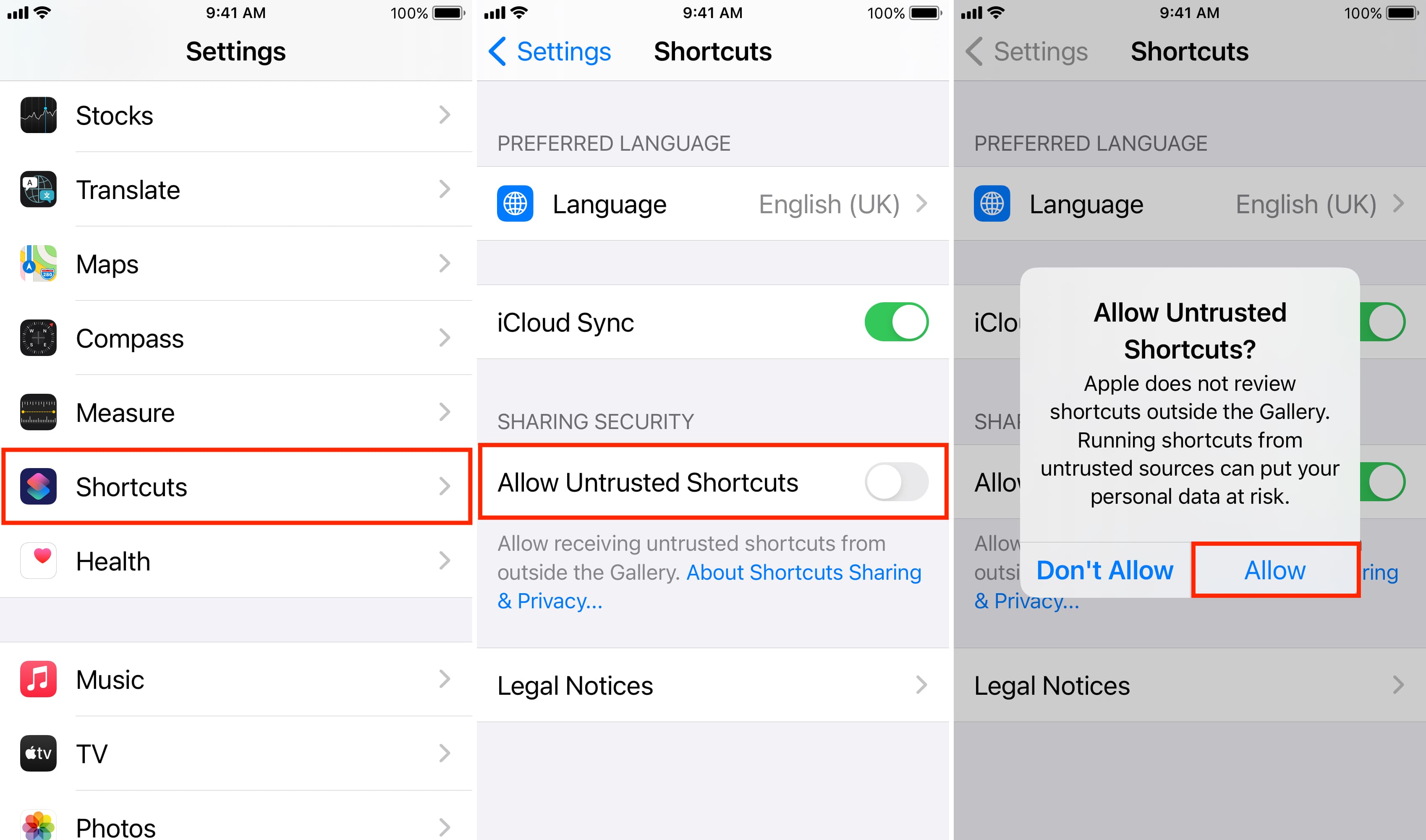 Allow Untrusted Shortcuts on iPhone